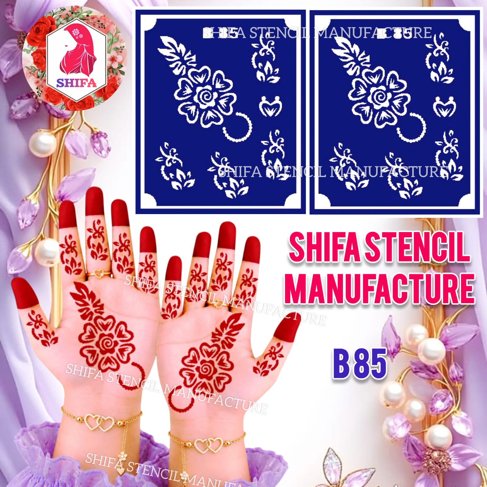 B85 Traditional Floral Hand Mehndi Stencil | Reusable Henna Design - Traditional Floral Hand Stencil – B85 - Shifa Stencil Manufacturer