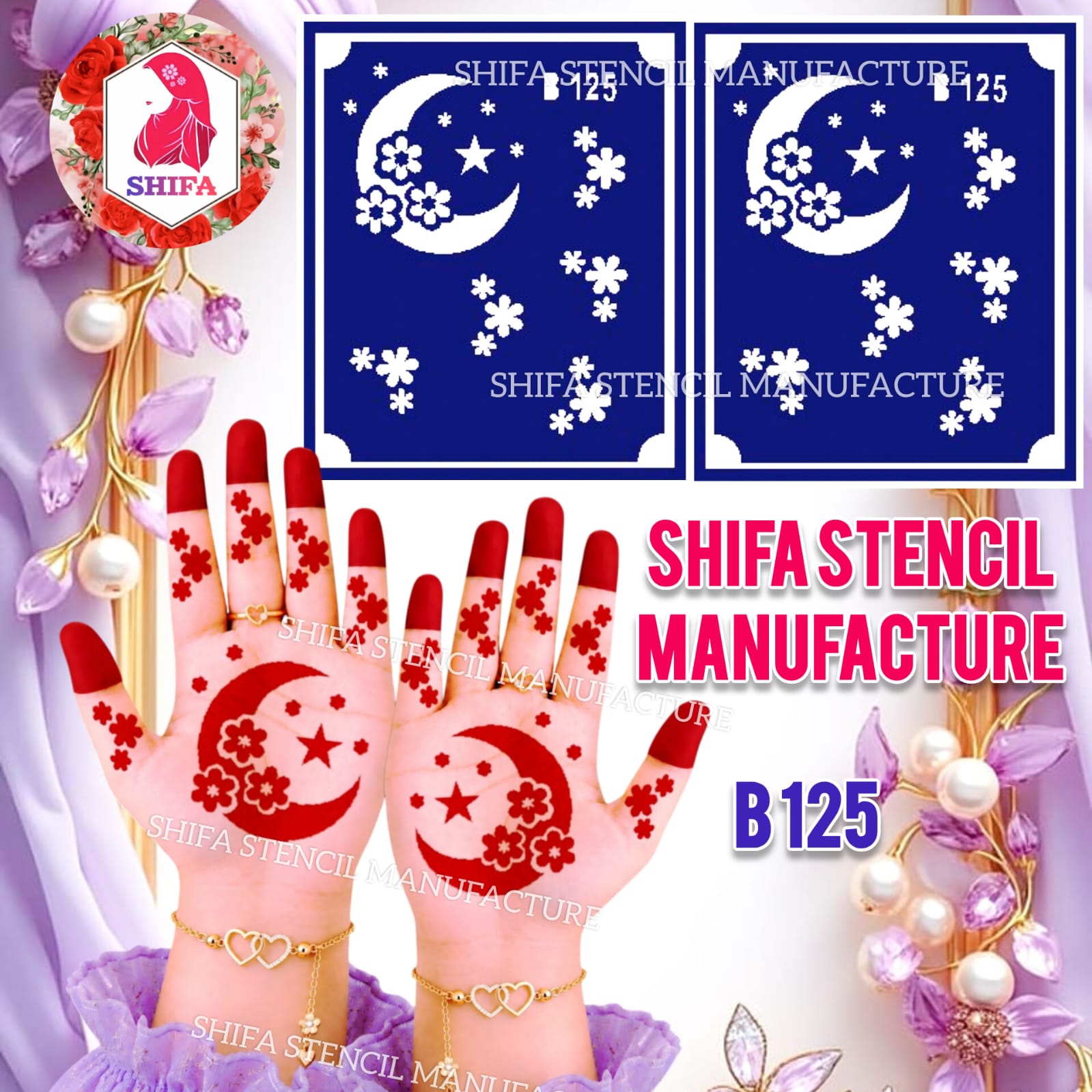 B125 Moon & Floral Mehndi Stencil | Reusable Henna Hand Stencil - 125 - Shifa Stencil Manufacturer