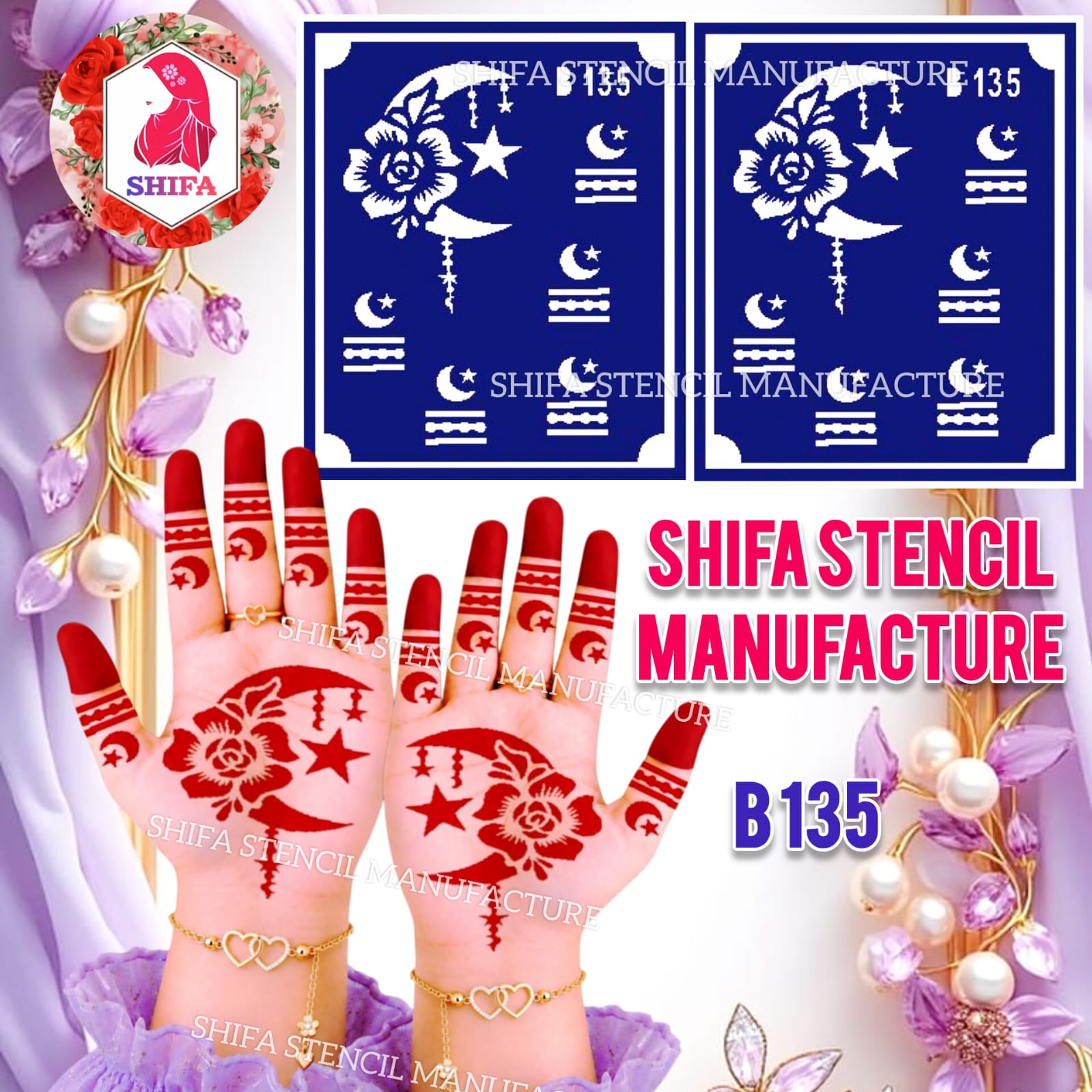 B135 Floral Crescent Moon Mehndi Stencil | Reusable Henna Hand Stencil - 135 - Shifa Stencil Manufacturer