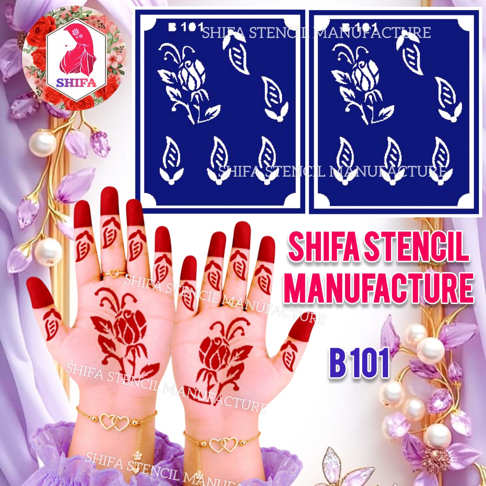 B101 Elegant Leaf Floral Hand Mehndi Stencil | Reusable Henna Design - Elegant Leaf Floral Hand Stencil – B101 - Shifa Stencil Manufacturer