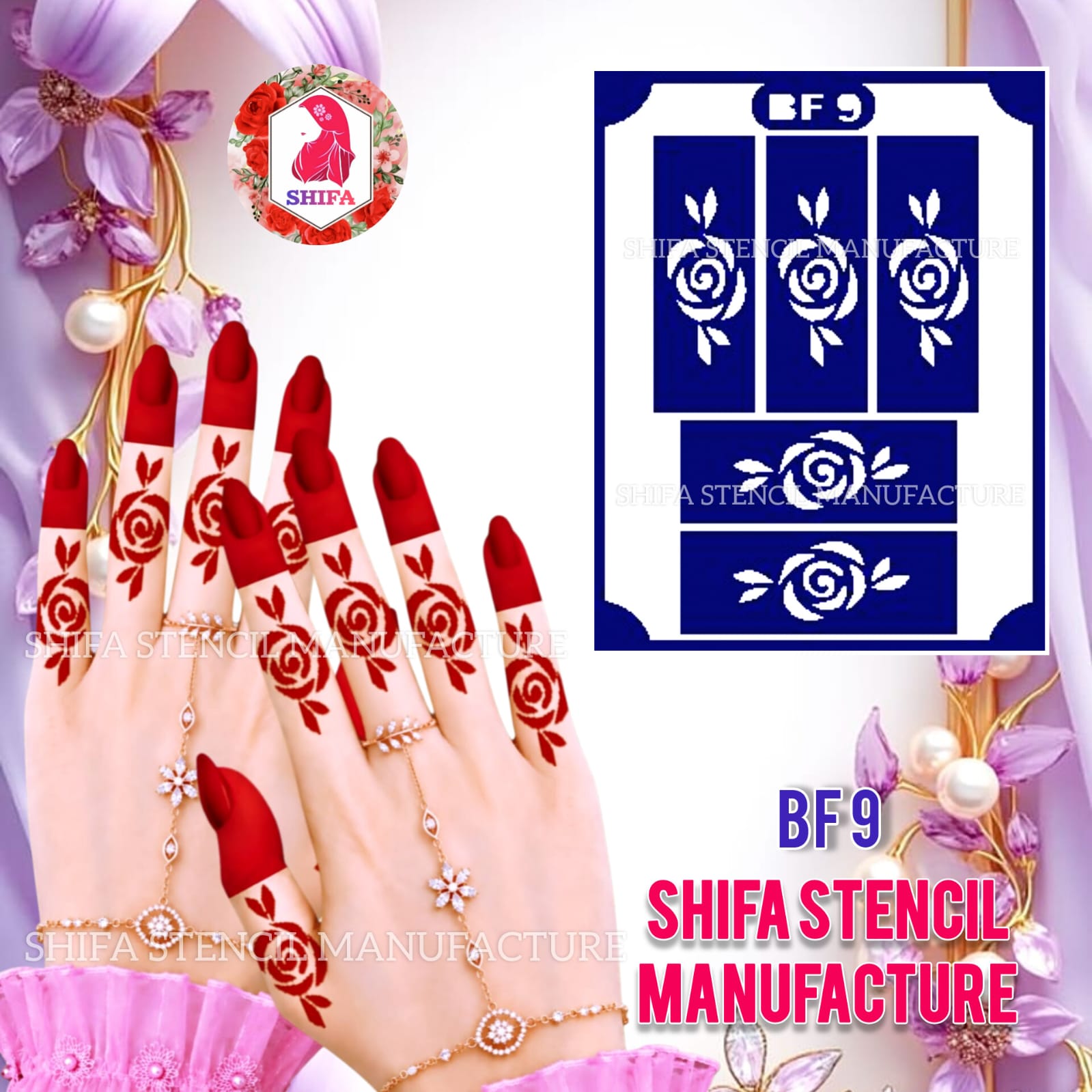 BF9 Rose Finger Mehndi Stencil | Floral Henna Tattoo Stencil for Women | Reusable Mehndi Sticker Design for Fingers BF9 Floral Henna Tattoo Stencil for Women Henna Stencil - Shifa Stencil