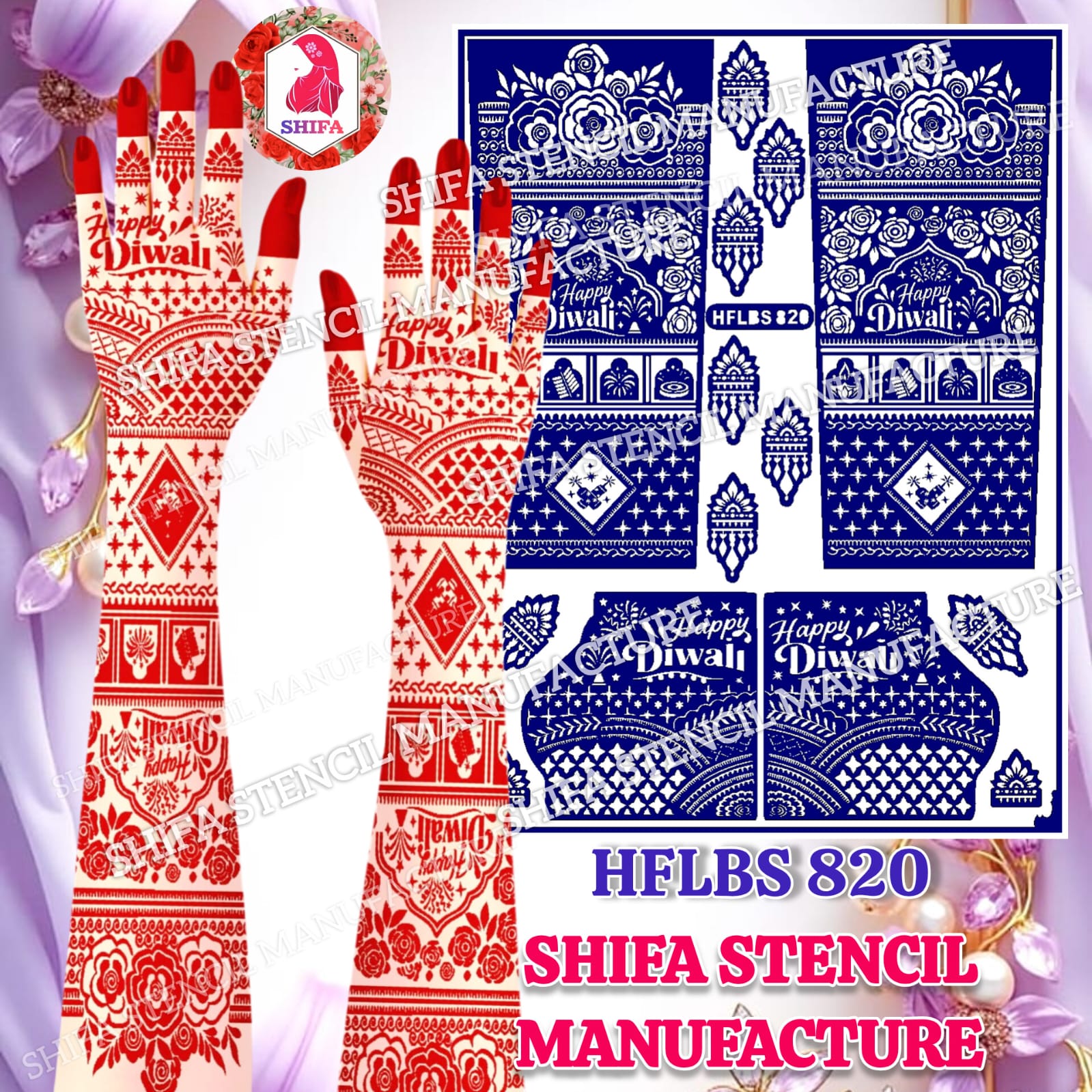 Happy Diwali Special Geometric Jaali & Floral Full Hand Mehndi Stencil (HFLBS 820) - 820 - Shifa Stencil Manufacturer