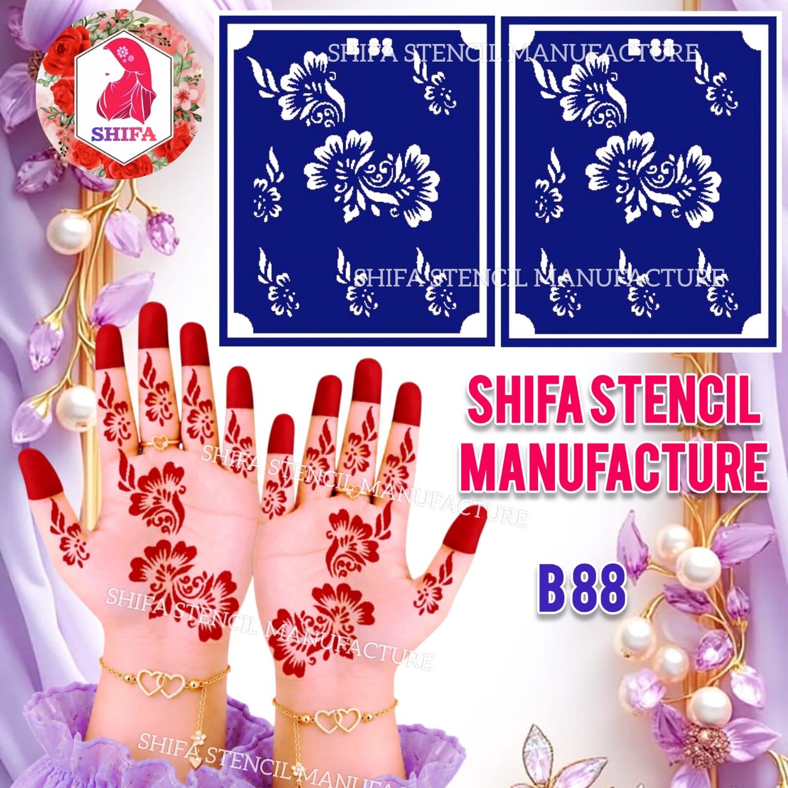 B88 Detailed Floral Hand Mehndi Stencil | Reusable Henna Design - Detailed Floral Hand Stencil – B88 - Shifa Stencil Manufacturer