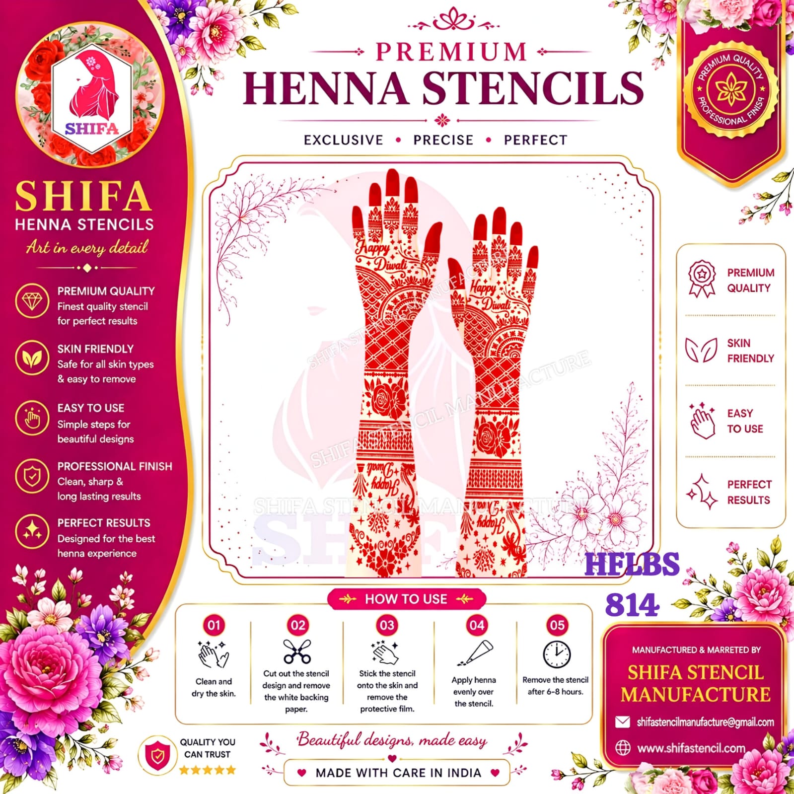 Happy Diwali Special Floral Rose & Jaali Full Hand Mehndi Stencil (HFLBS 814) 814 (2) Henna Stencil
