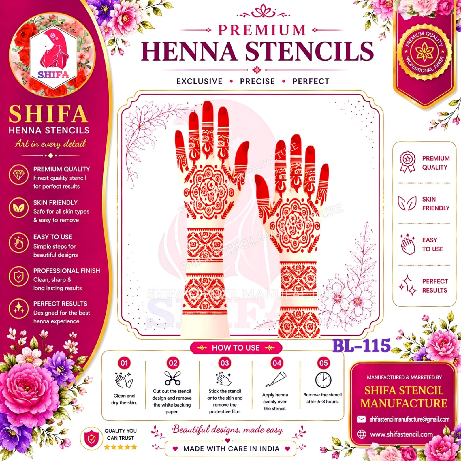 BL115 Celestial Rose Mandala 115 Henna Stencil