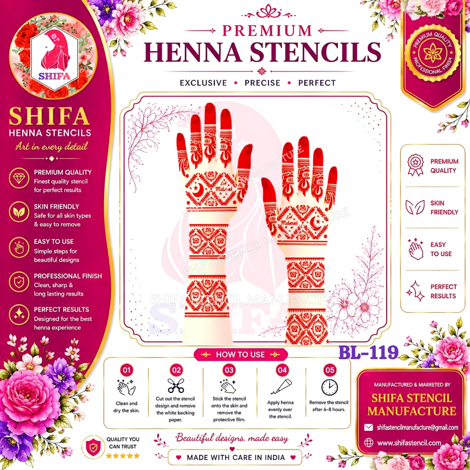 BL119 Mehtab Noor Festive Henna 119 Henna Stencil
