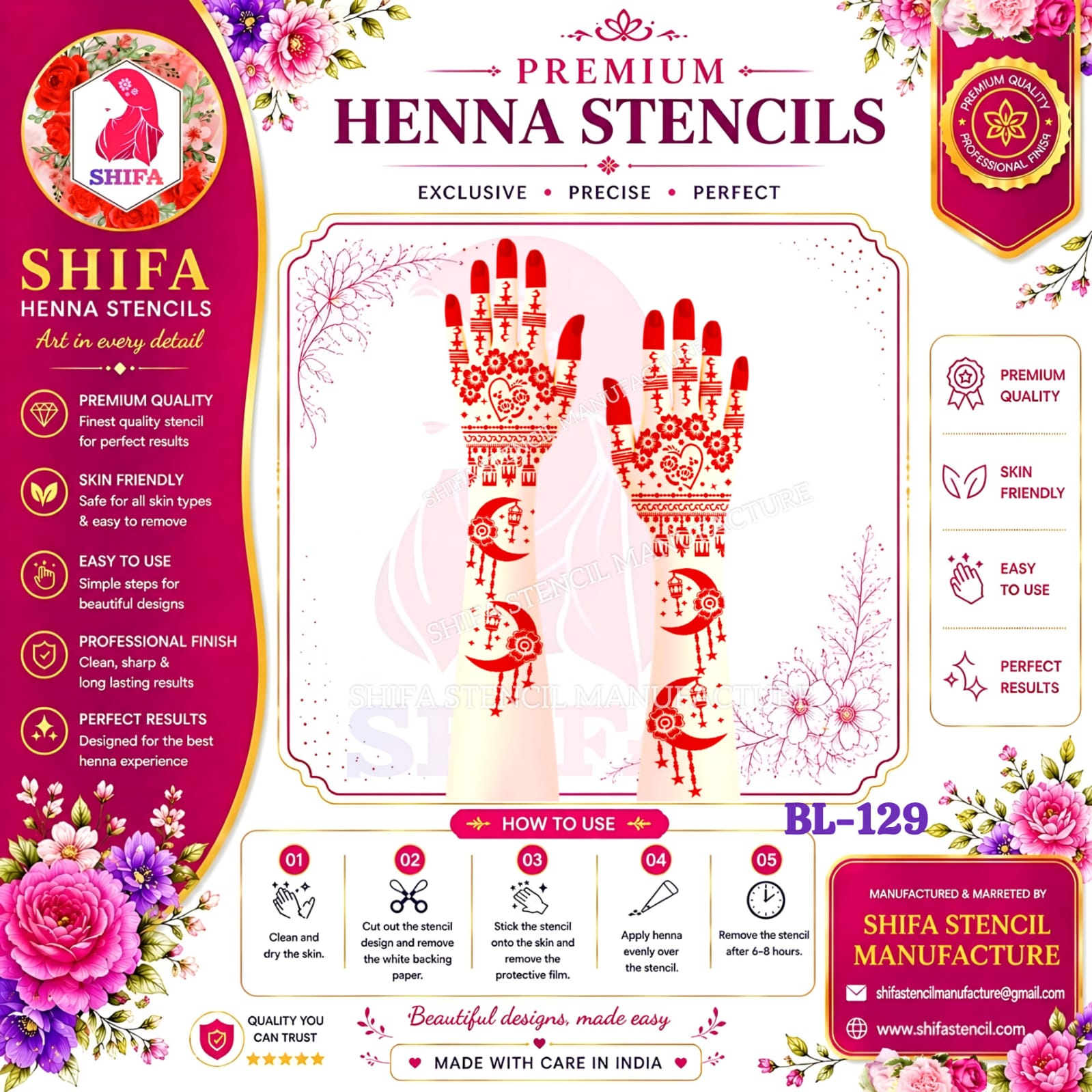 BL129 Romantic Lunar Bloom 129 Henna Stencil