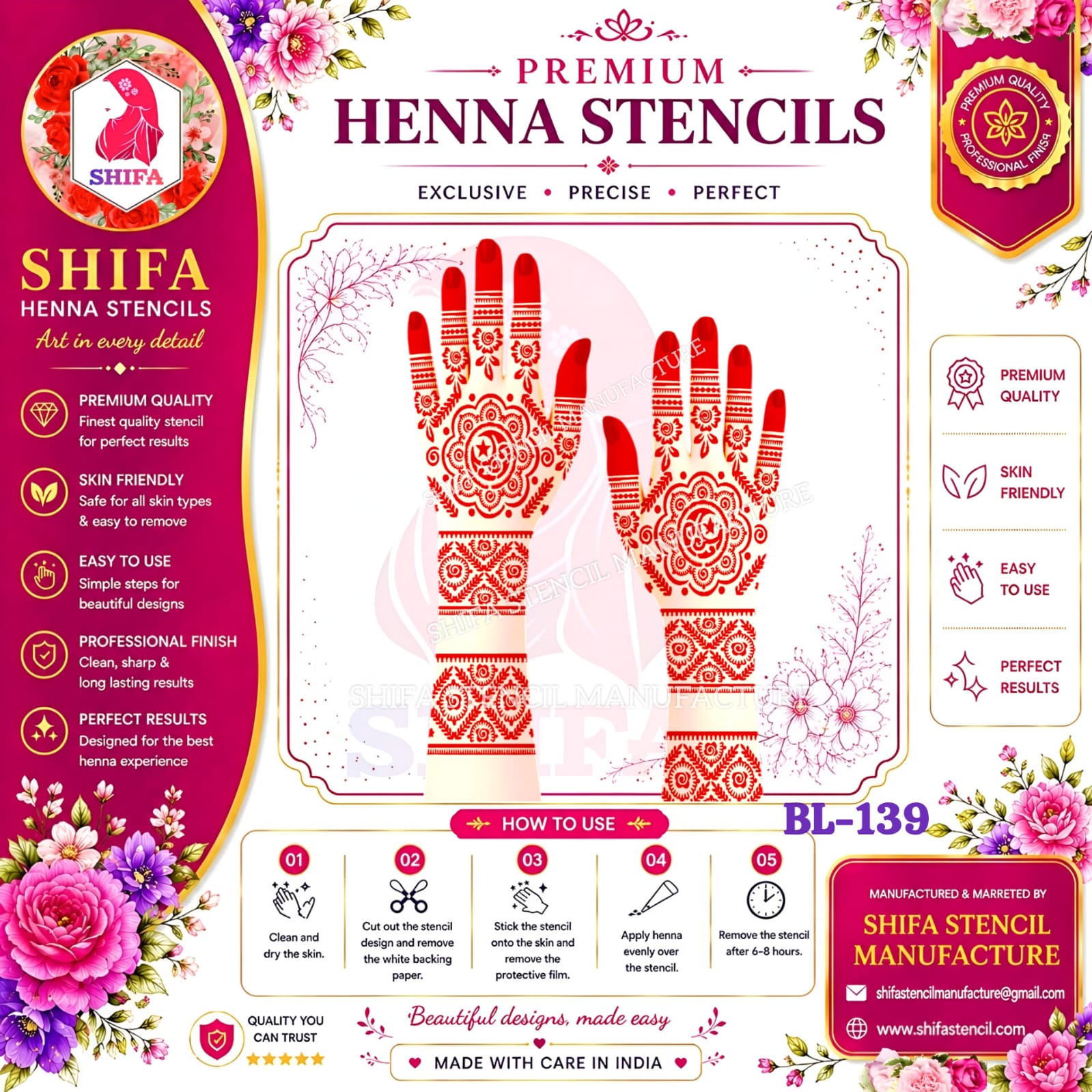 BL139 Mooncrest Floral Empress 139 Henna Stencil
