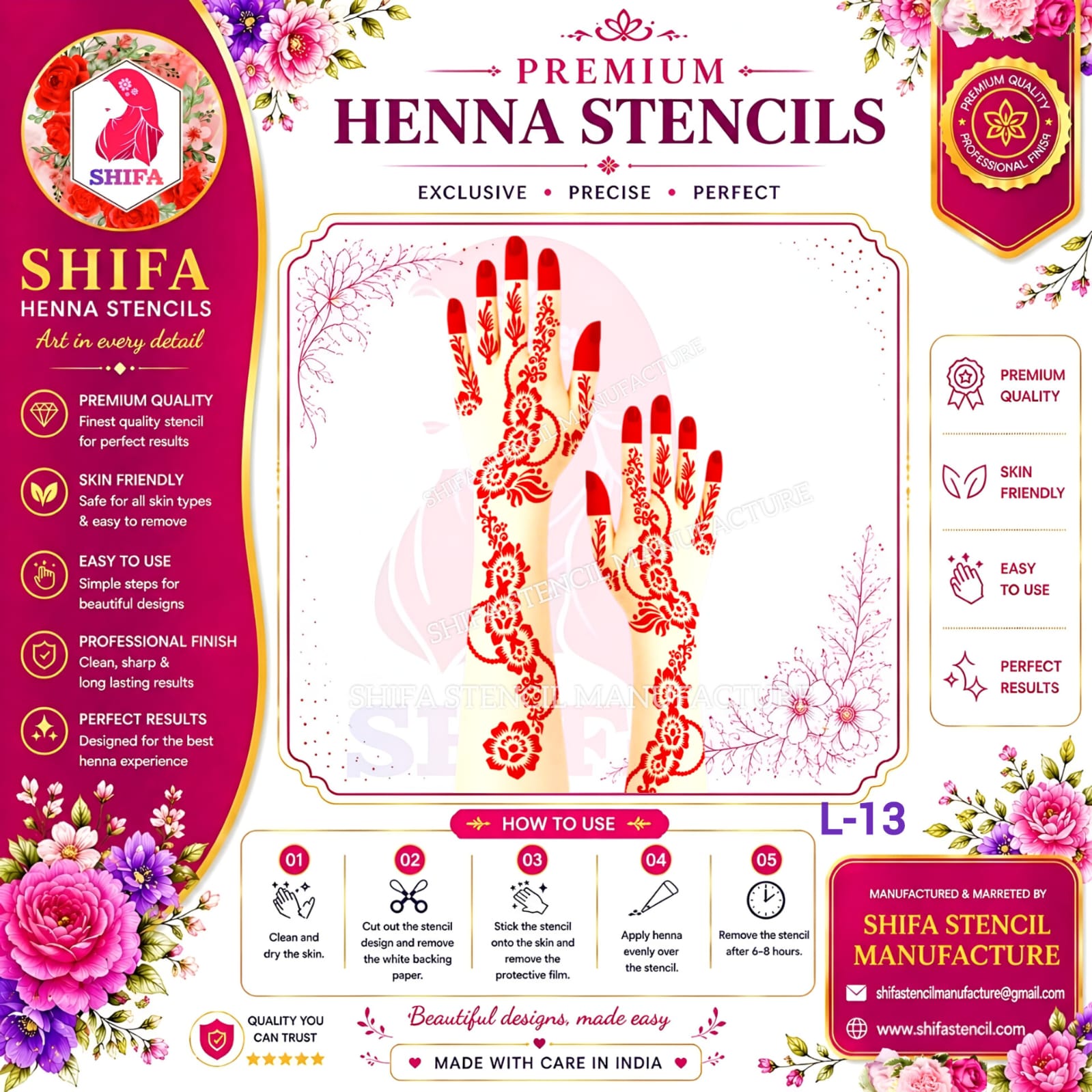L13 Different Style Floral Arabic Design  13 Henna Stencil