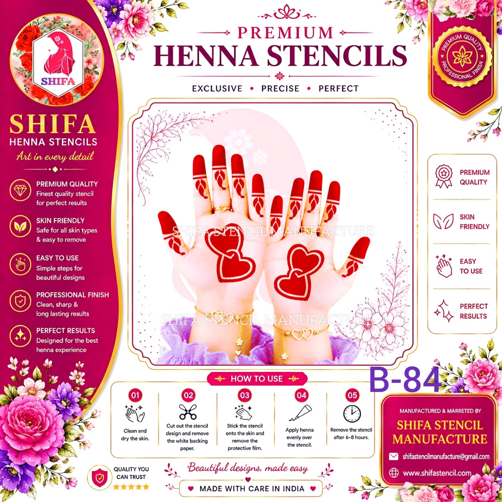 B84 Heart Floral Hand Mehndi Stencil | Reusable Henna Design Heart Floral Hand Stencil – B84 (2) Henna Stencil