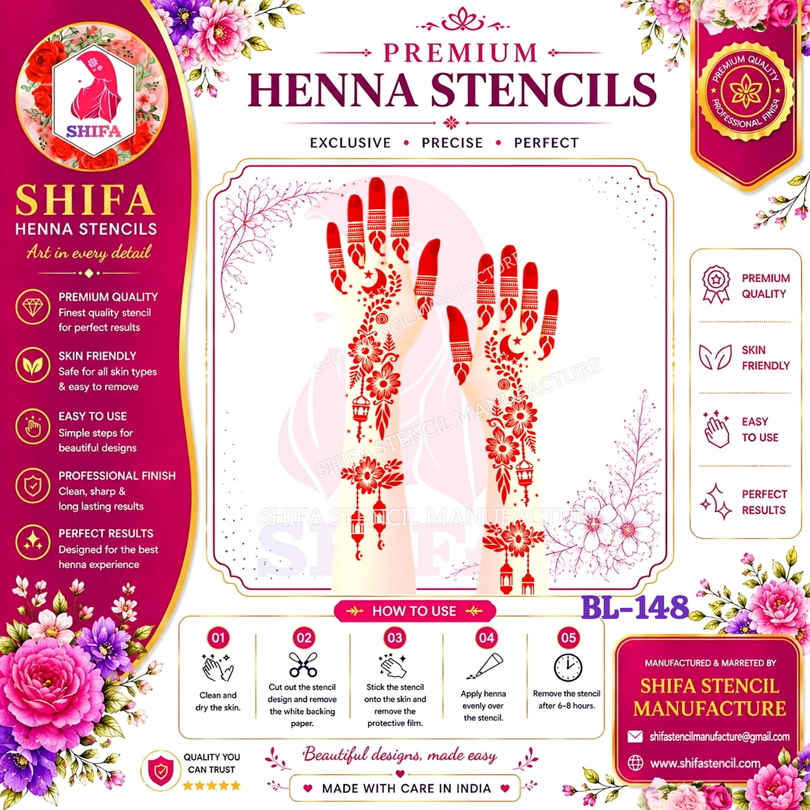 BL148 Moonlit Lantern Blossom Trail 148 Henna Stencil