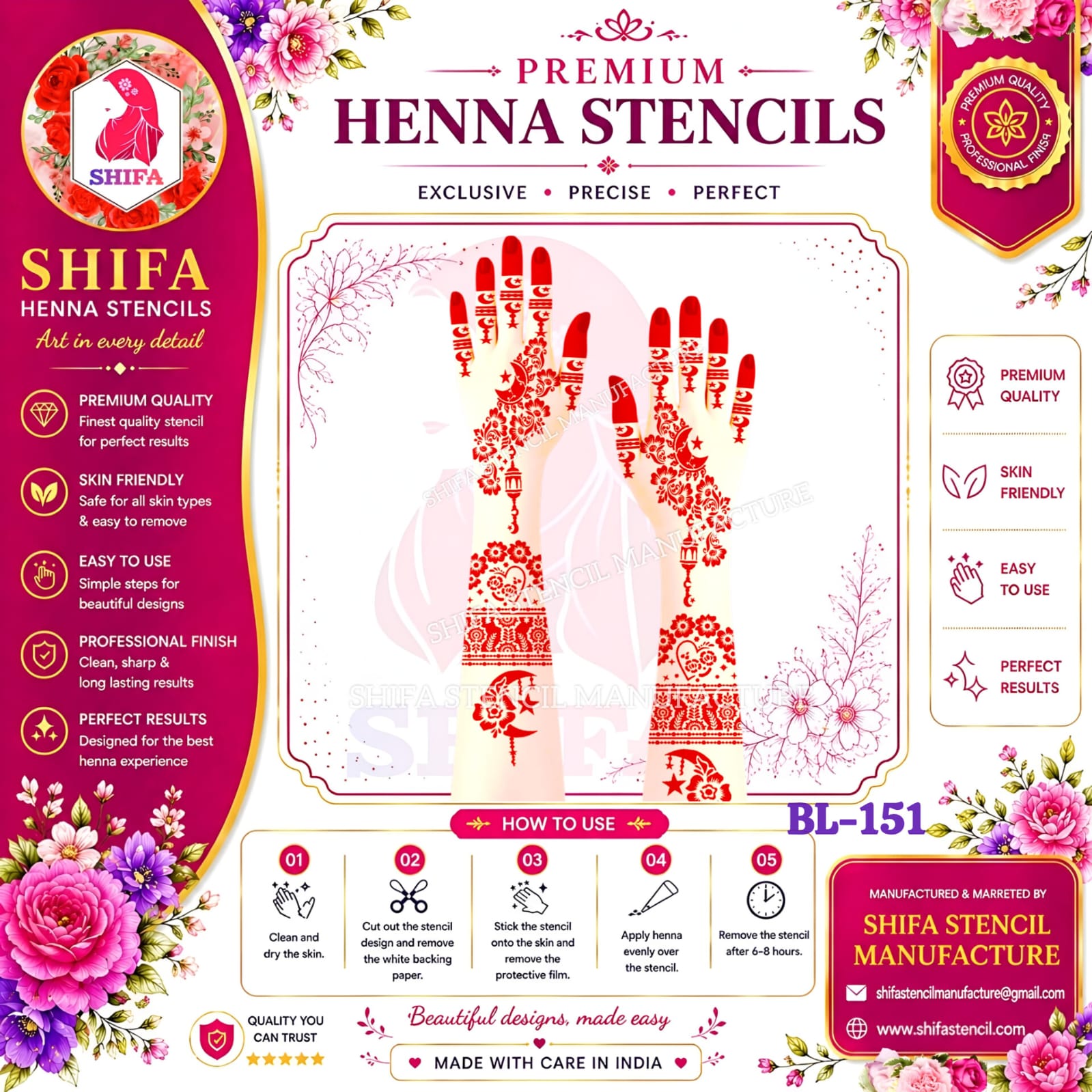 BL151 Starlit Crescent Heart Bloom 151 Henna Stencil