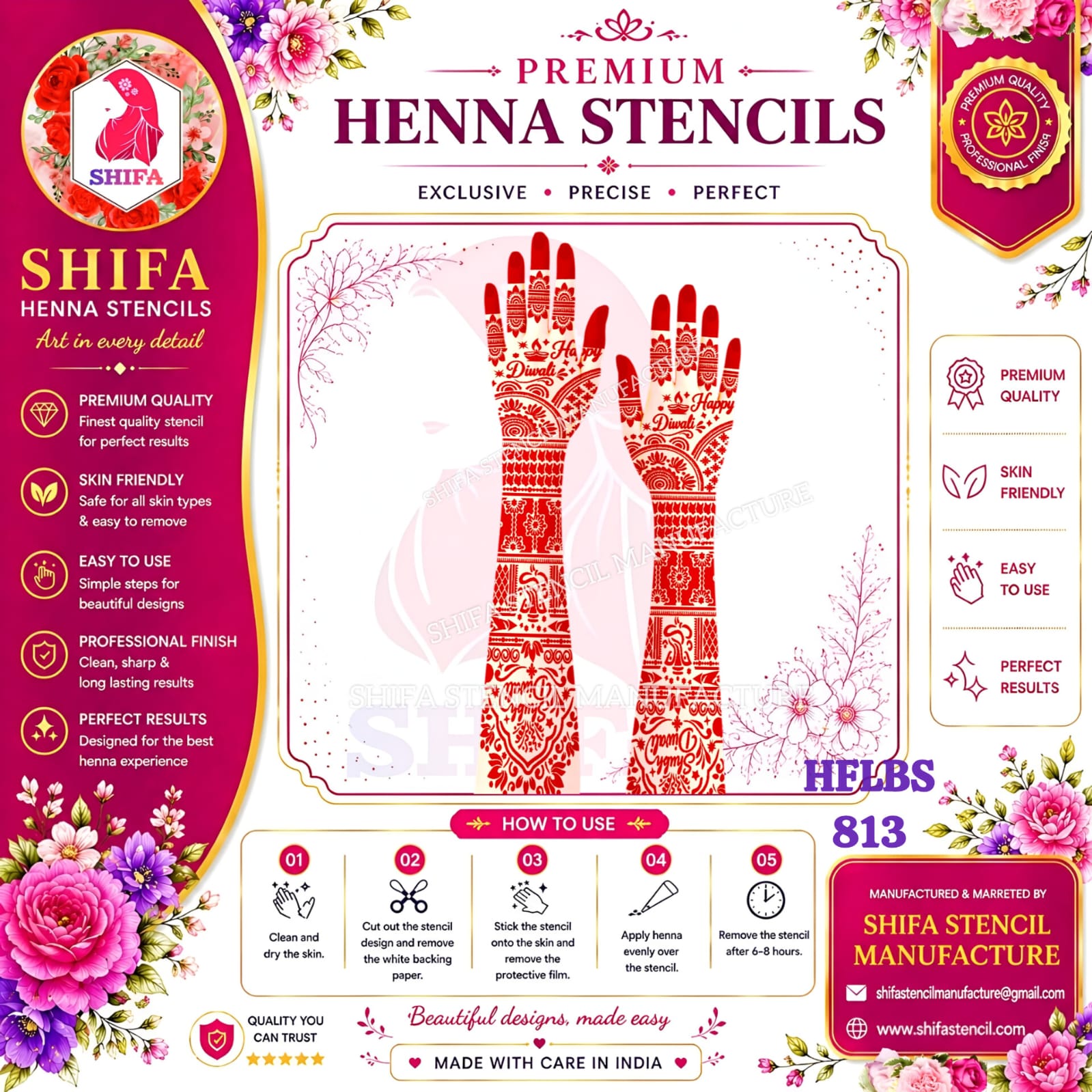 Shubh Diwali Special Lord Ganesha & Kalash Full Hand Mehndi Stencil (HFLBS 813) 813 (2) Henna Stencil