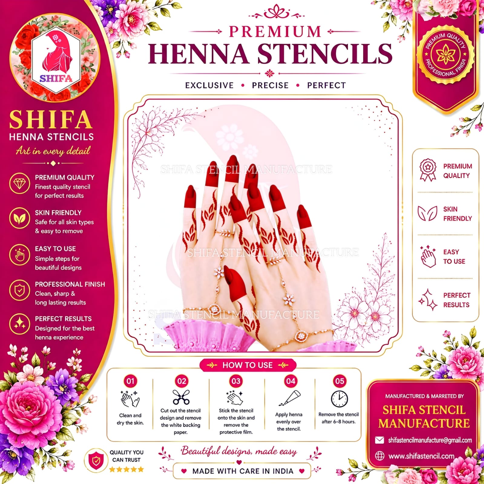 BF101 Leaf Vine Finger Mehndi Henna Stencil | Reusable Botanical Finger Design instruction-sheet-101 Henna Stencil