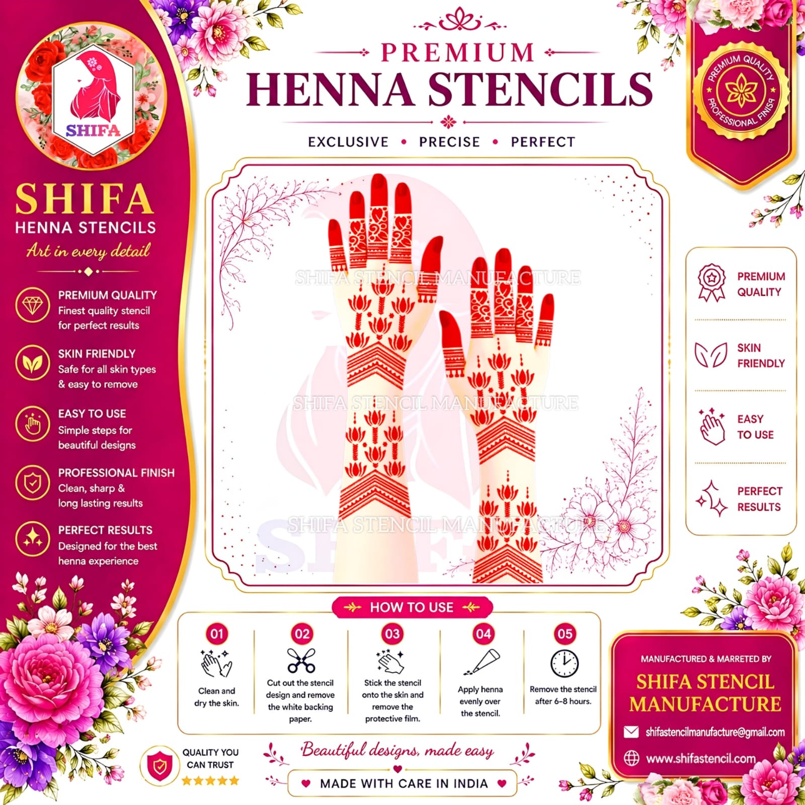 L62 Lotus Traditional Full Hand Mehndi Stencil | Reusable Henna Design Lotus Traditional Hand Stencil – L62 (2) Henna Stencil