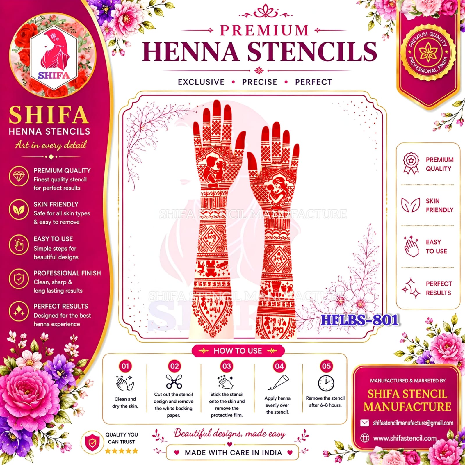 HFLBS 801 Couple & Love Mehndi Stencil | Reusable Full Hand Henna Stencil | Romantic Wedding Engagement Design 801 (2) Henna Stencil