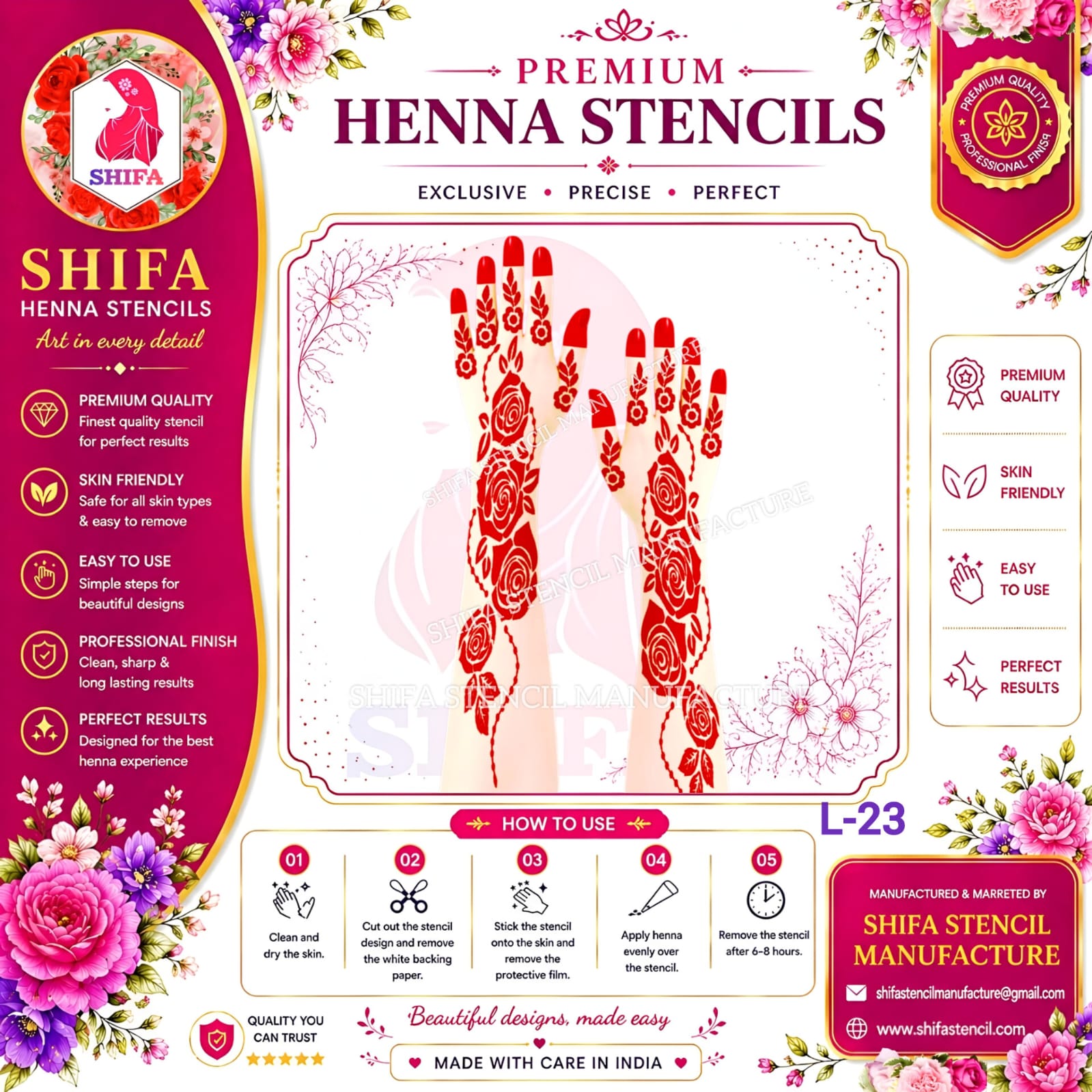 L23 – Rose Vine Flow 23 Henna Stencil