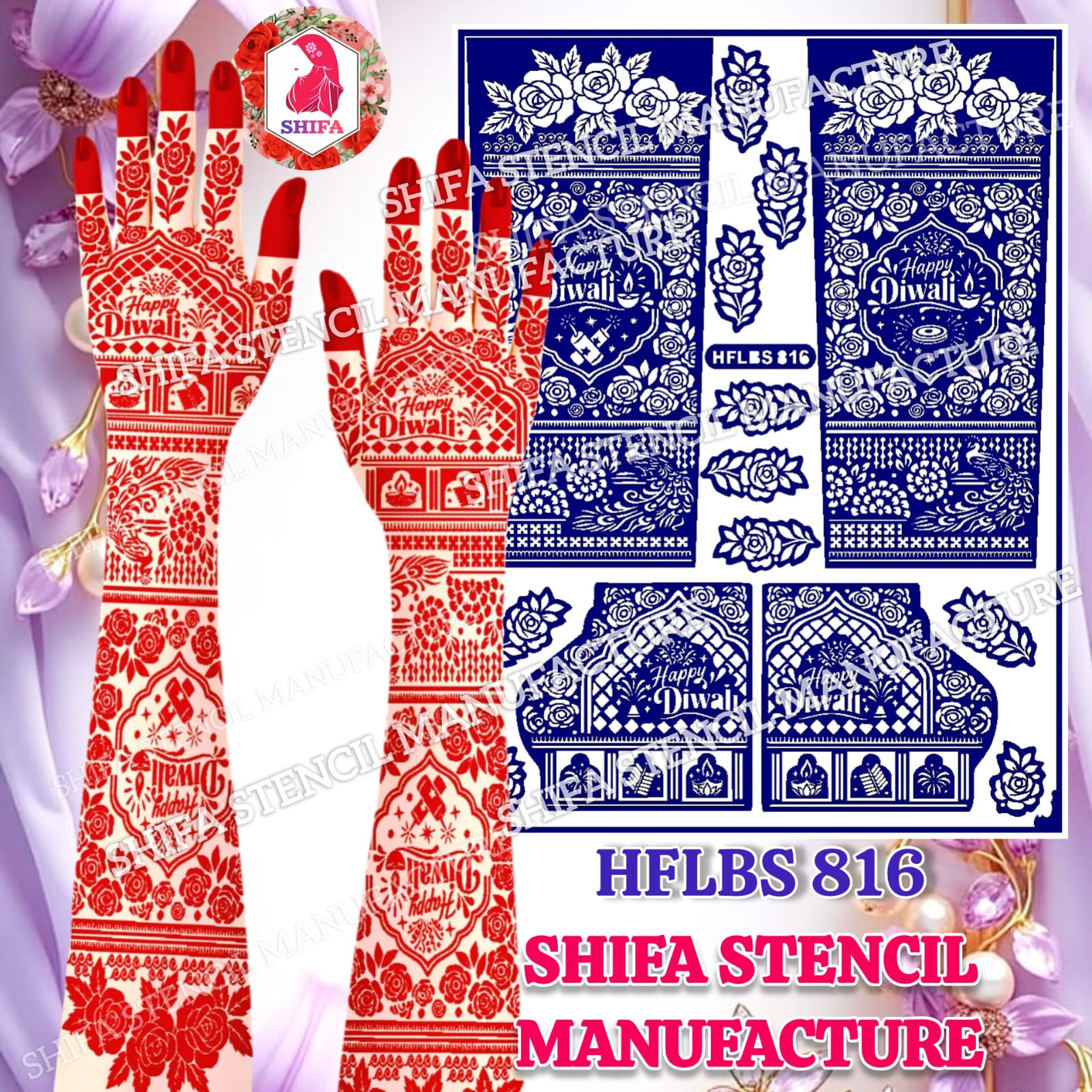 Happy Diwali Special Royal Peacock & Rose Full Hand Mehndi Stencil (HFLBS 816) – Reusable Sticker Sheet - 816 - Shifa Stencil Manufacturer