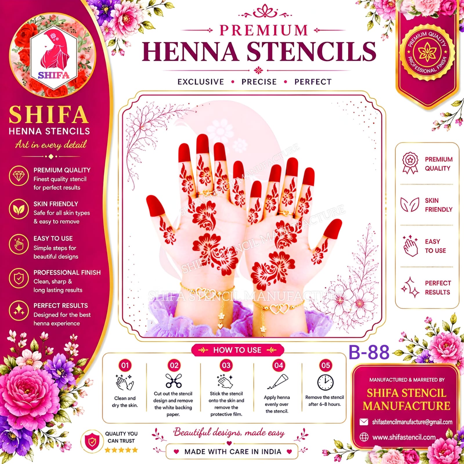 B88 Detailed Floral Hand Mehndi Stencil | Reusable Henna Design Detailed Floral Hand Stencil – B88 (2) Henna Stencil
