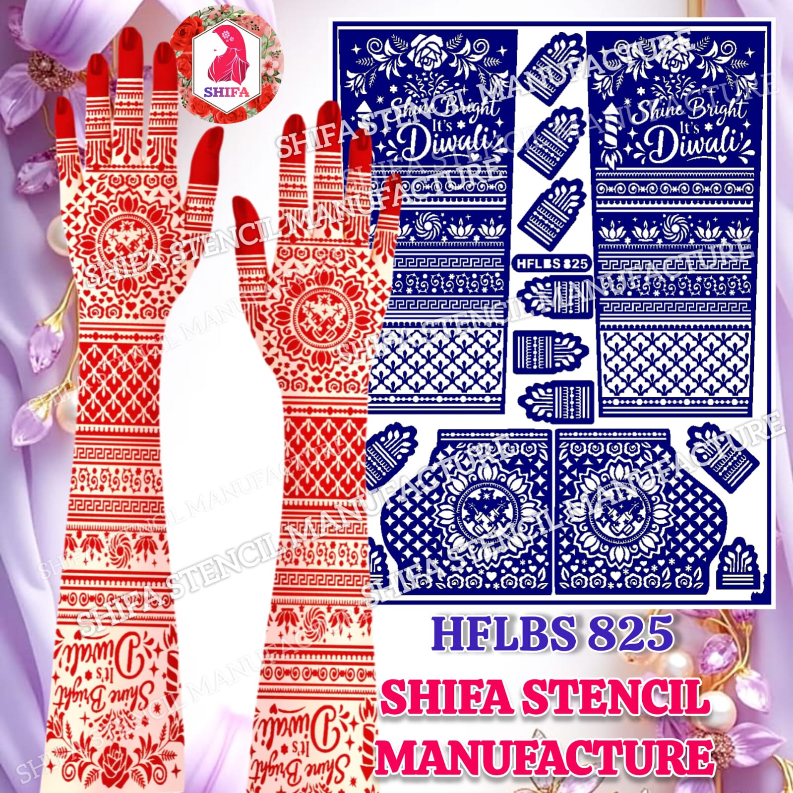 Shine Bright It's Diwali Lotus Mandala Full Hand Mehndi Stencil (HFLBS 825) – Reusable Sticker Set - 825 - Shifa Stencil Manufacturer