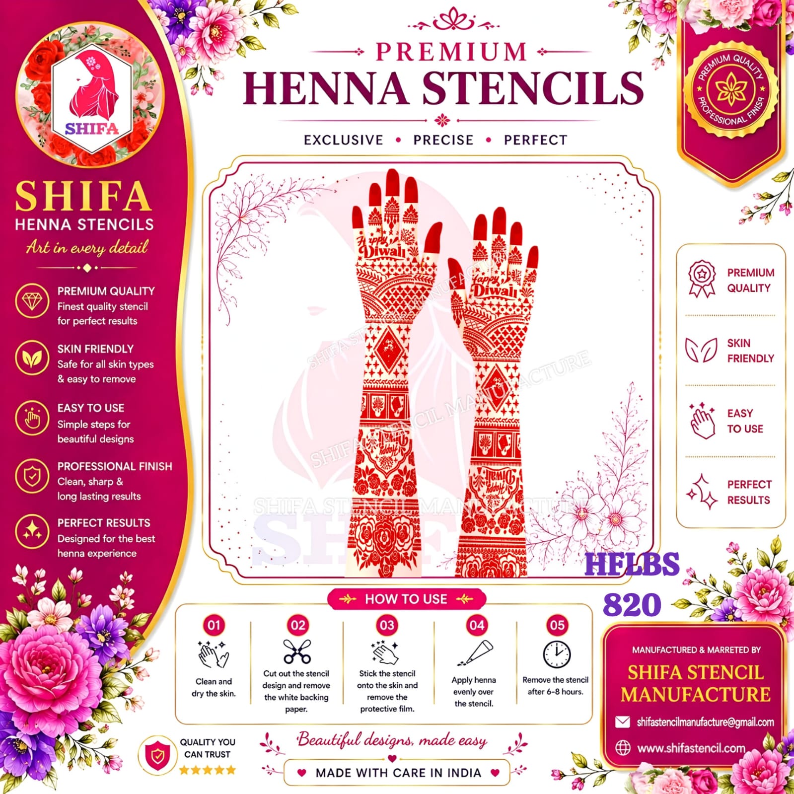 Happy Diwali Special Geometric Jaali & Floral Full Hand Mehndi Stencil (HFLBS 820) 820 (2) Henna Stencil