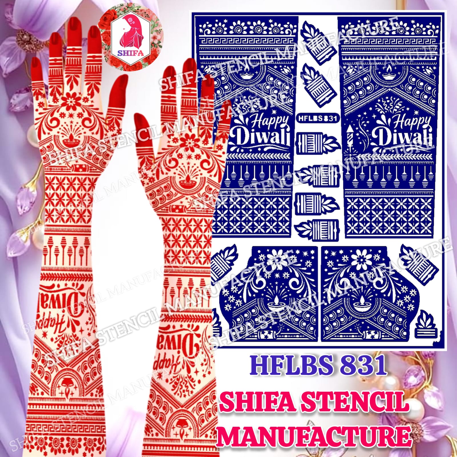 Happy Diwali Special Traditional Lamp & Jaali Full Hand Mehndi Stencil (HFLBS 831) - 831 - Shifa Stencil Manufacturer