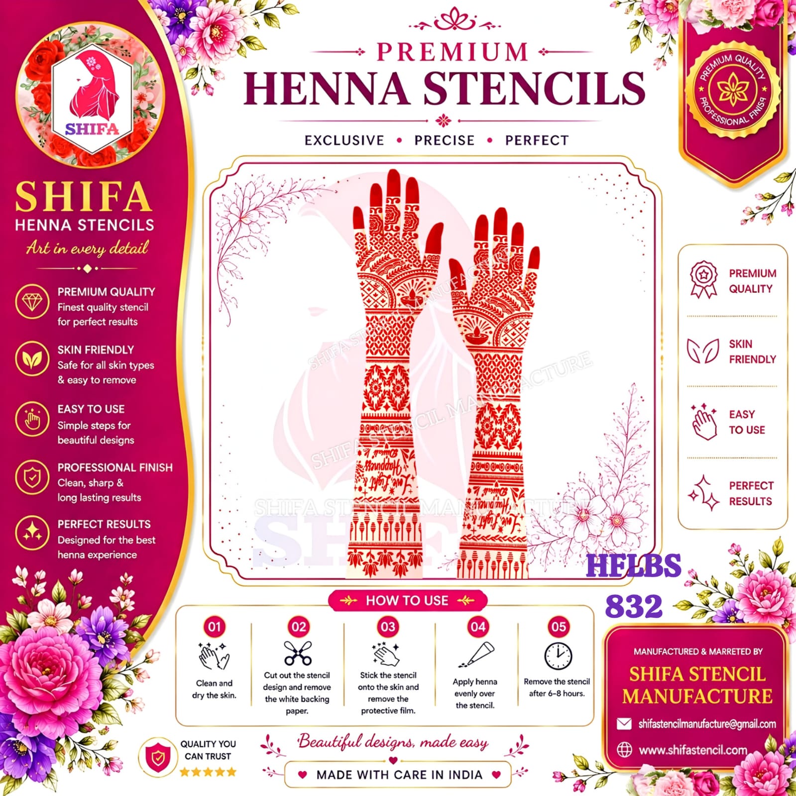 Love Light & Happiness Diwali Special Full Hand Mehndi Stencil (HFLBS 832) 832 (2) Henna Stencil