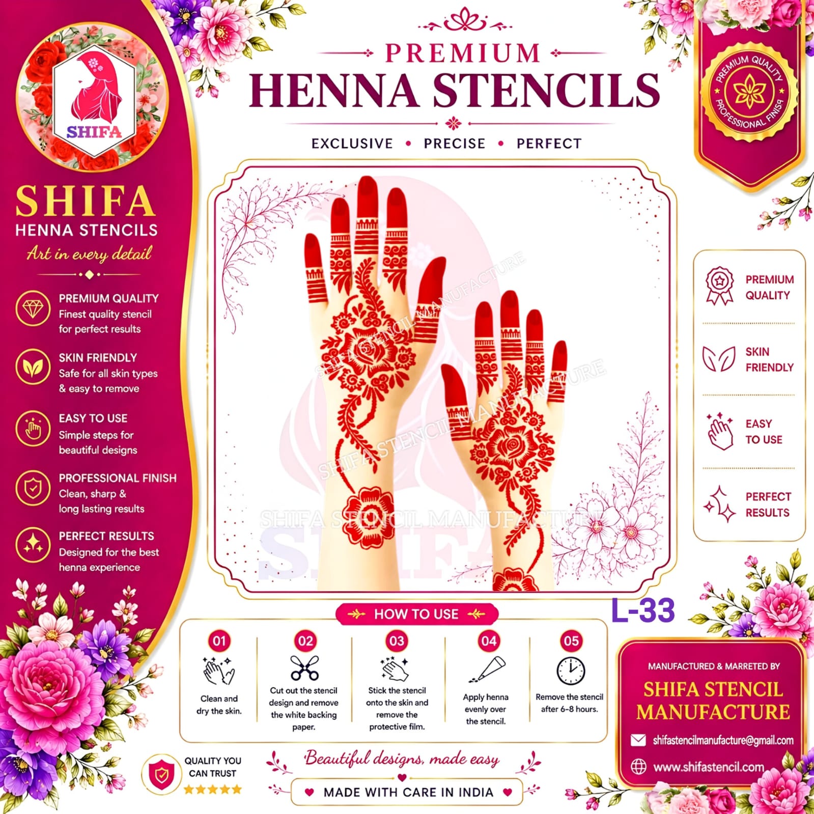 L33 Elegant Rose Themed Arabic Design  33 Henna Stencil