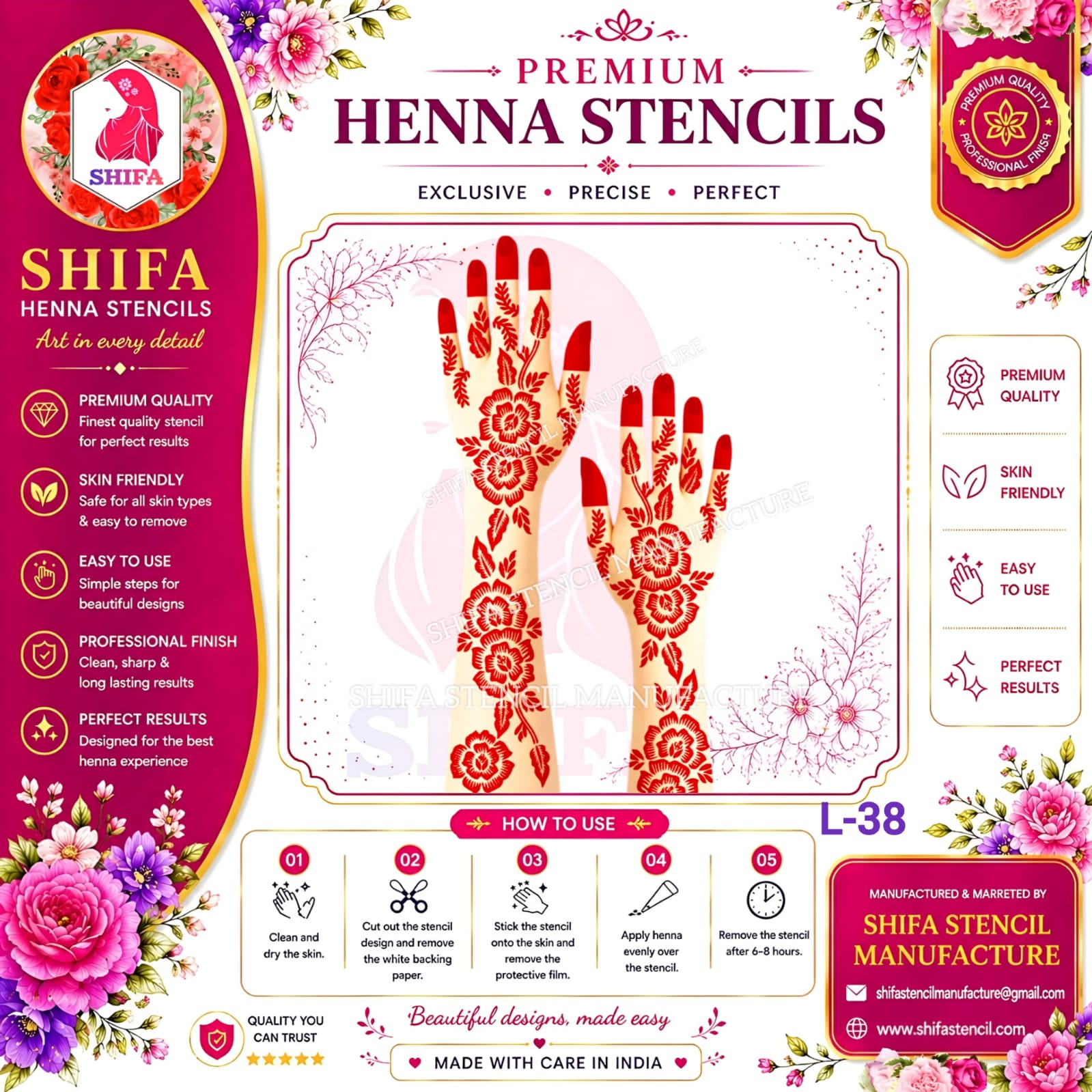 L 38 Big Flower with Leaf Arabic Design 38 Henna Stencil