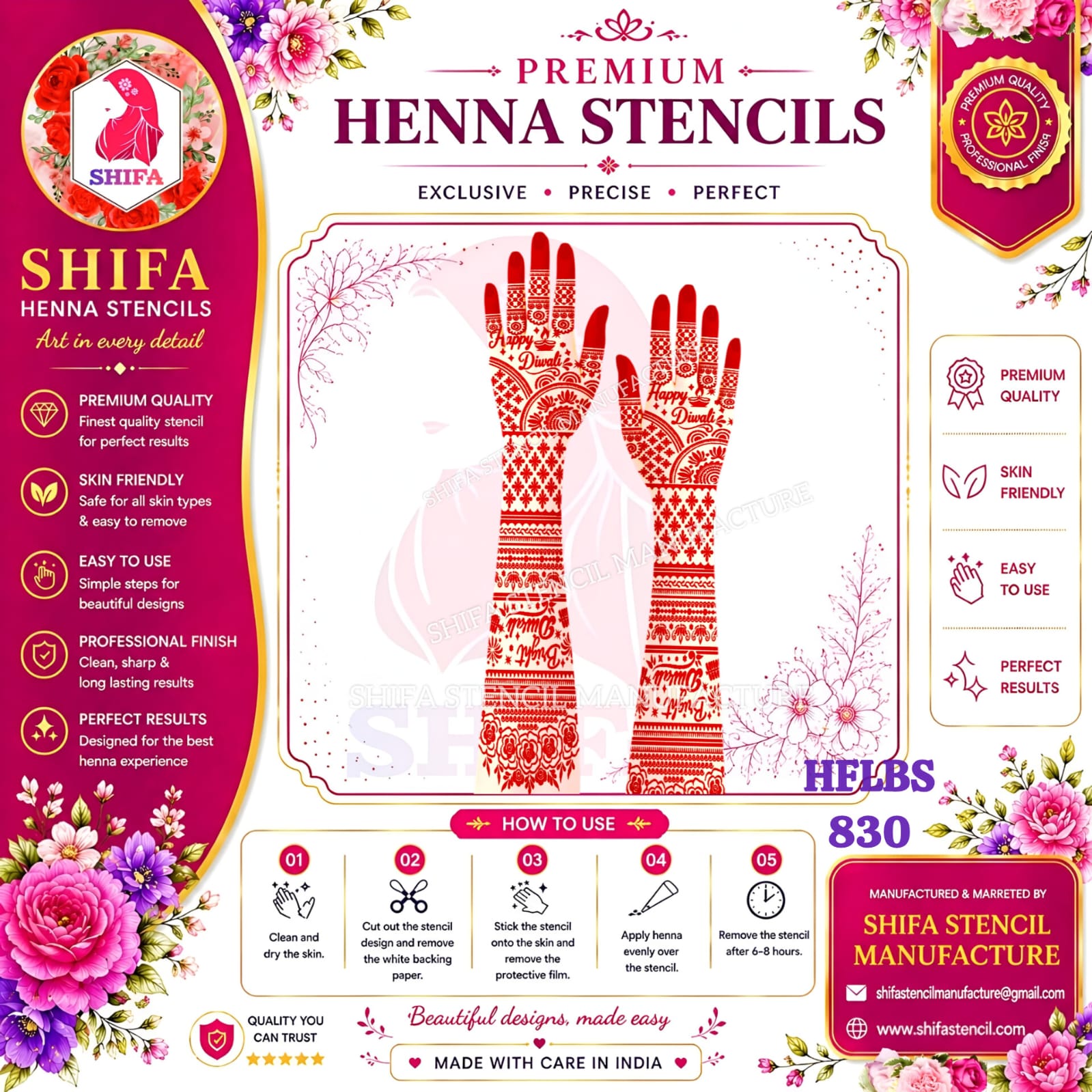 Bright Diwali Special Floral Rose & Mesh Full Hand Mehndi Stencil (HFLBS 830) 830 (2) Henna Stencil
