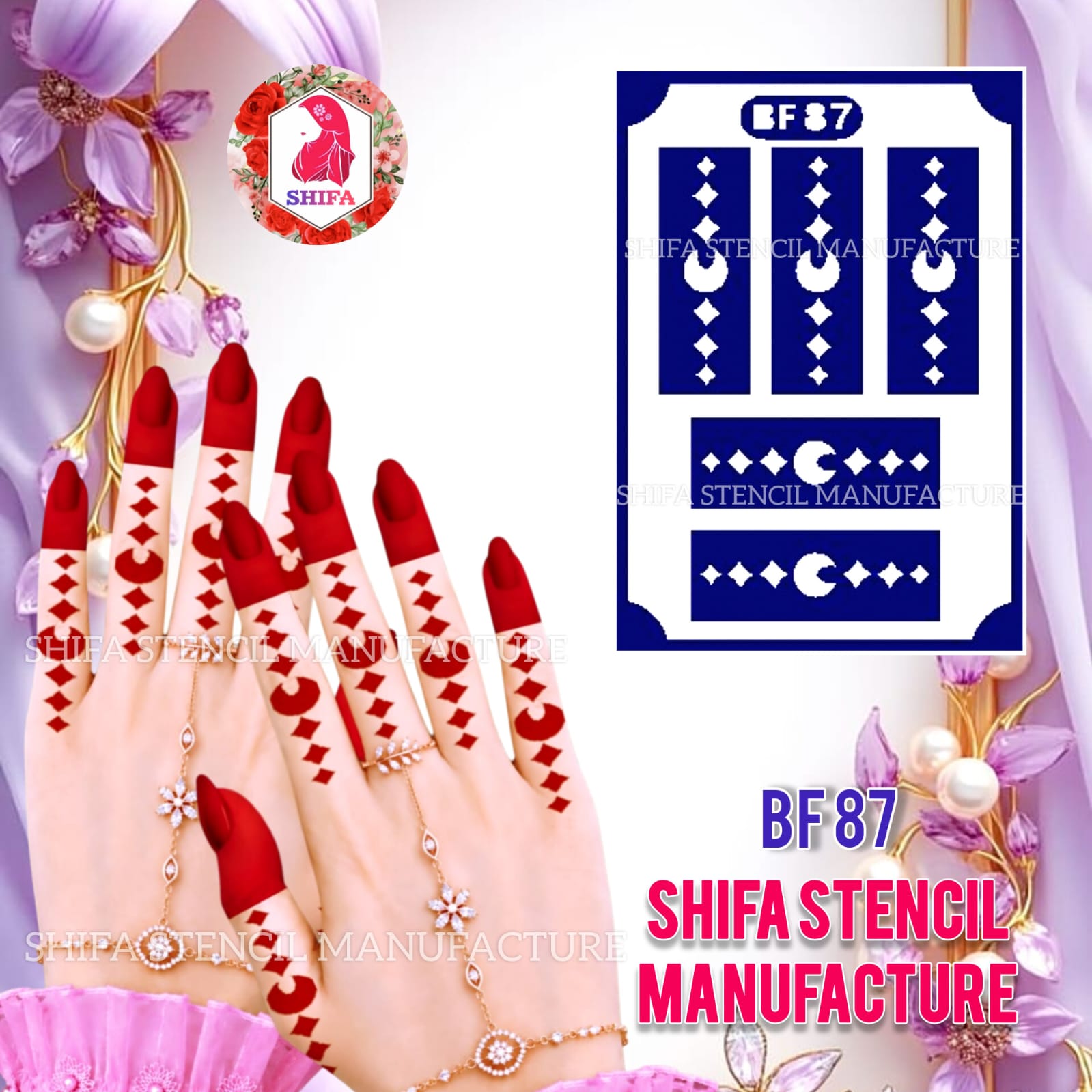 BF87 Geometric Finger Mehndi Henna Stencil | Reusable Diamond & Crescent Design Diamond & Crescent Design-BF87 Henna Stencil - Shifa Stencil