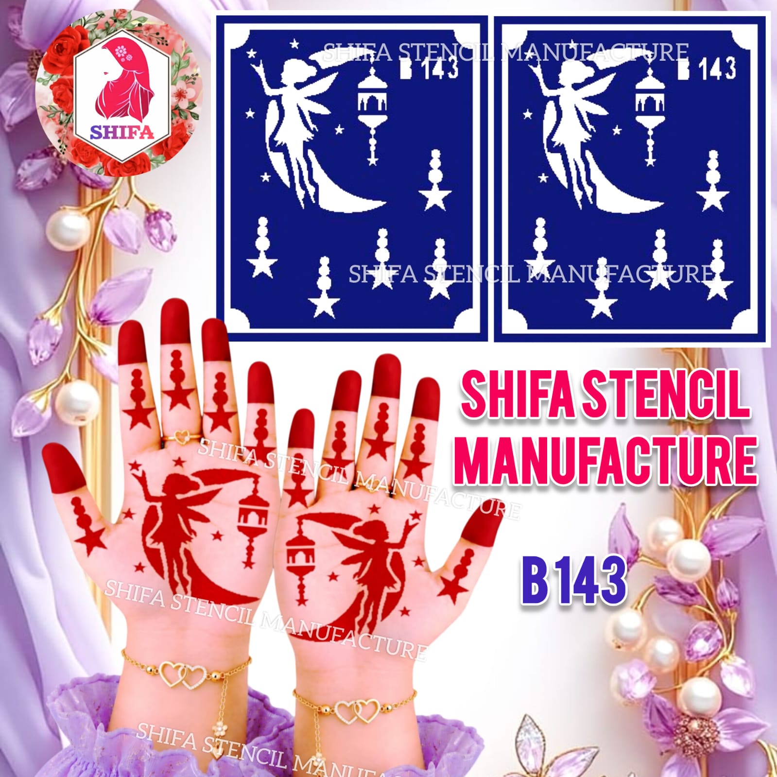 B143 Fairy & Crescent Moon Mehndi Stencil | Reusable Henna Hand Stencil - 143 - Shifa Stencil Manufacturer