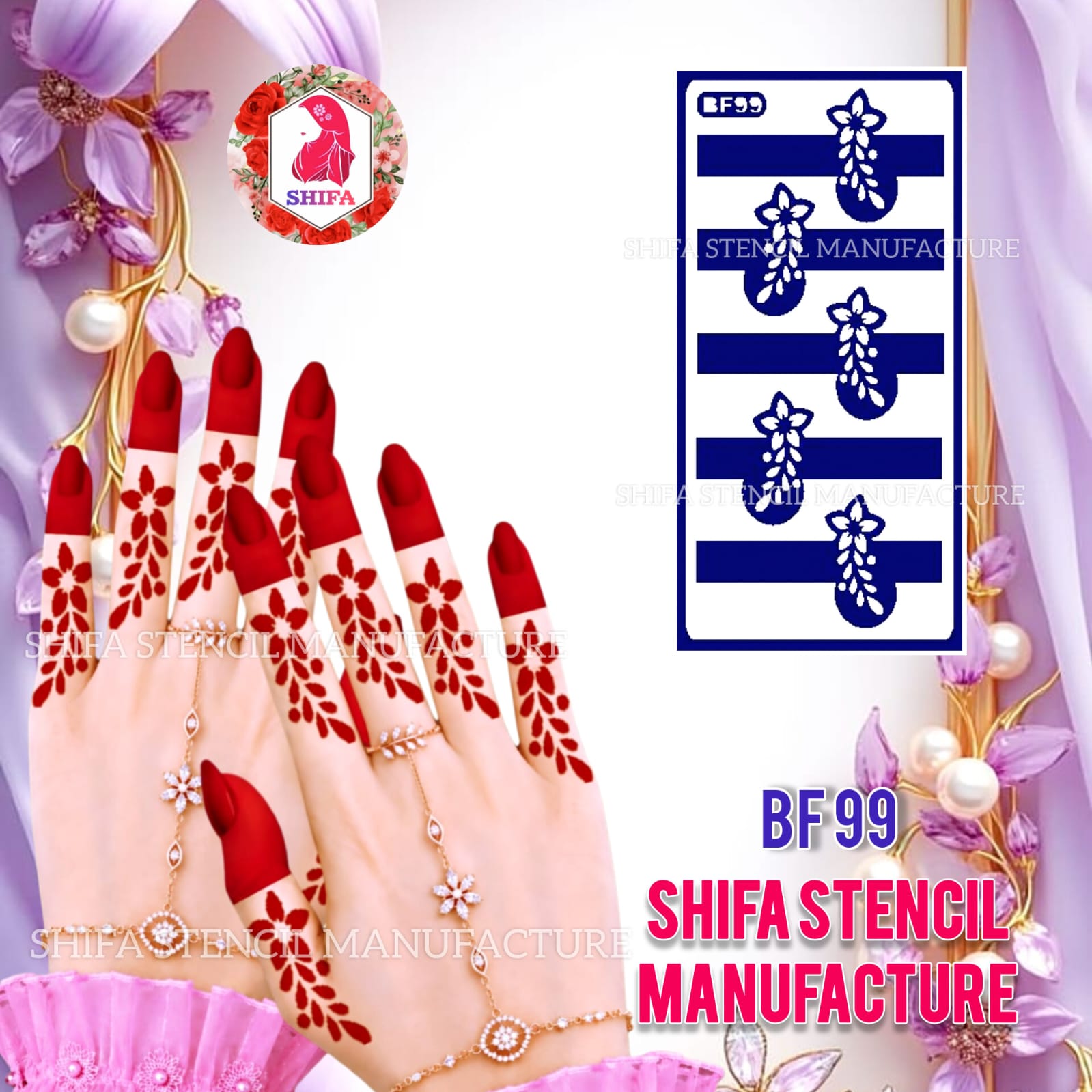 BF99 Flower Leaf Finger Mehndi Henna Stencil Reusable Floral Vine Design. Flower Leaf Finger Stencil - BF99 Henna Stencil - Shifa Stencil