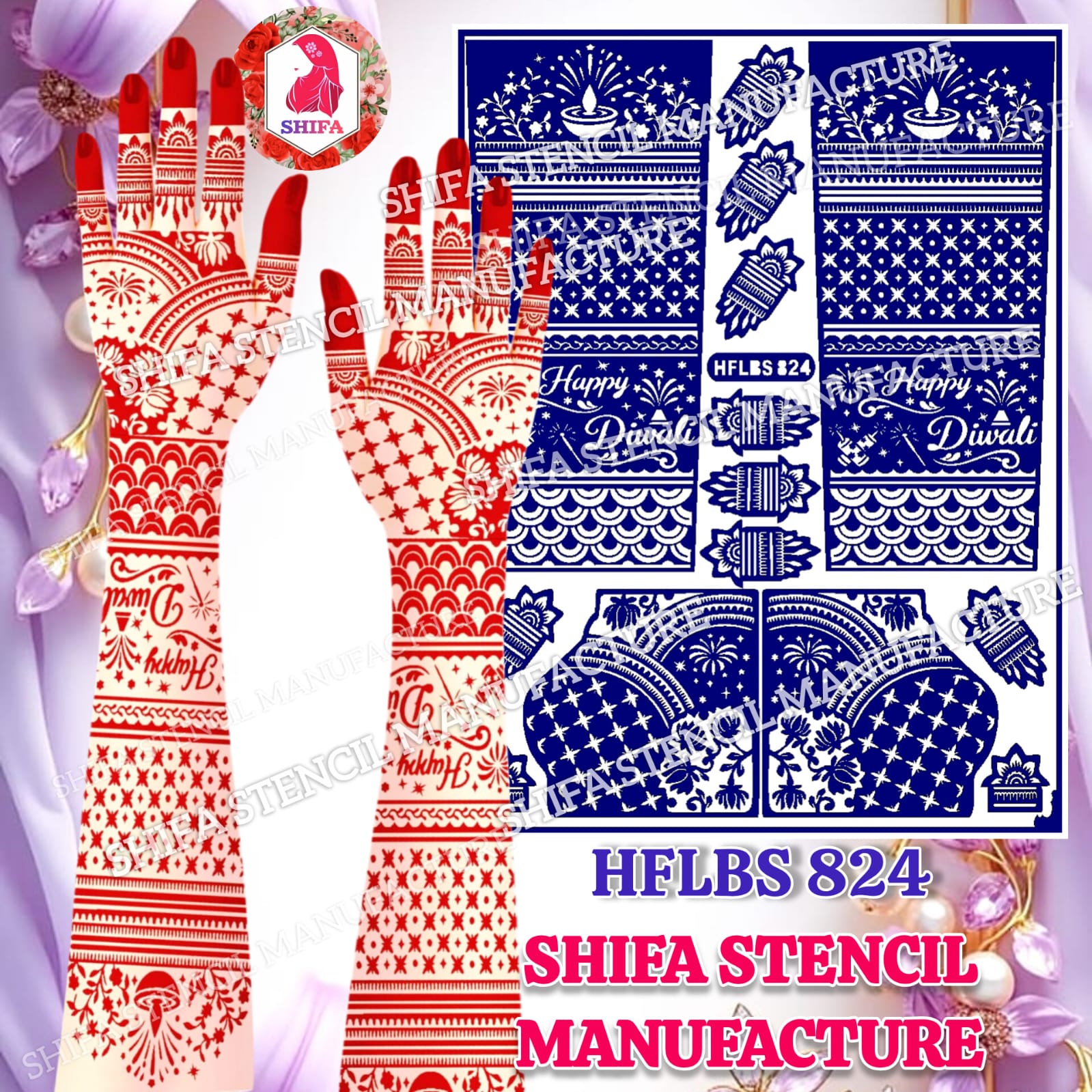 Happy Diwali Special Firework & Diya Full Hand Mehndi Stencil (HFLBS 824) - 824 - Shifa Stencil Manufacturer