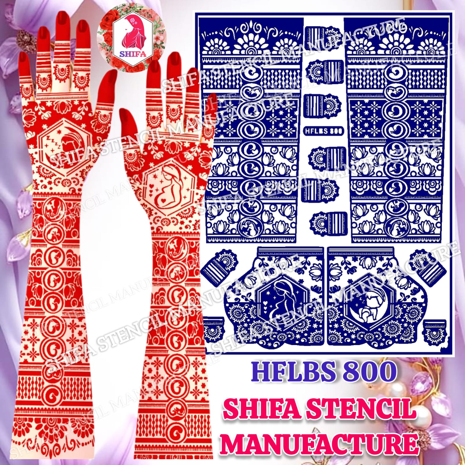 HFLBS 800 Baby & Mother Mehndi Stencil | Reusable Full Hand Henna Stencil | Pregnancy & Maternity Design - 800 - Shifa Stencil Manufacturer