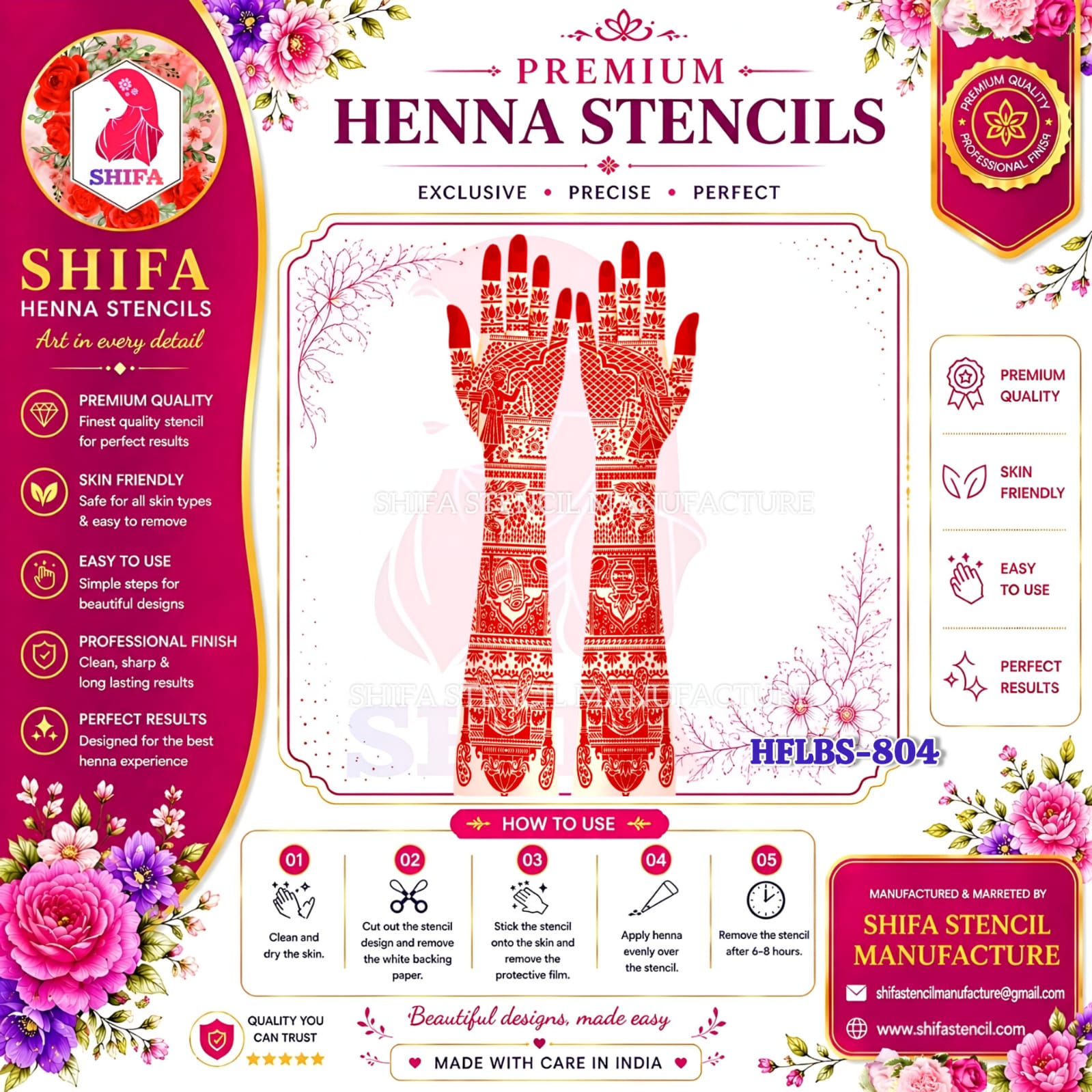 HFLBS 804 Traditional Bridal Mehndi Stencil | Reusable Full Hand Henna Stencil | Indian Wedding Floral Design 804 (2) Henna Stencil