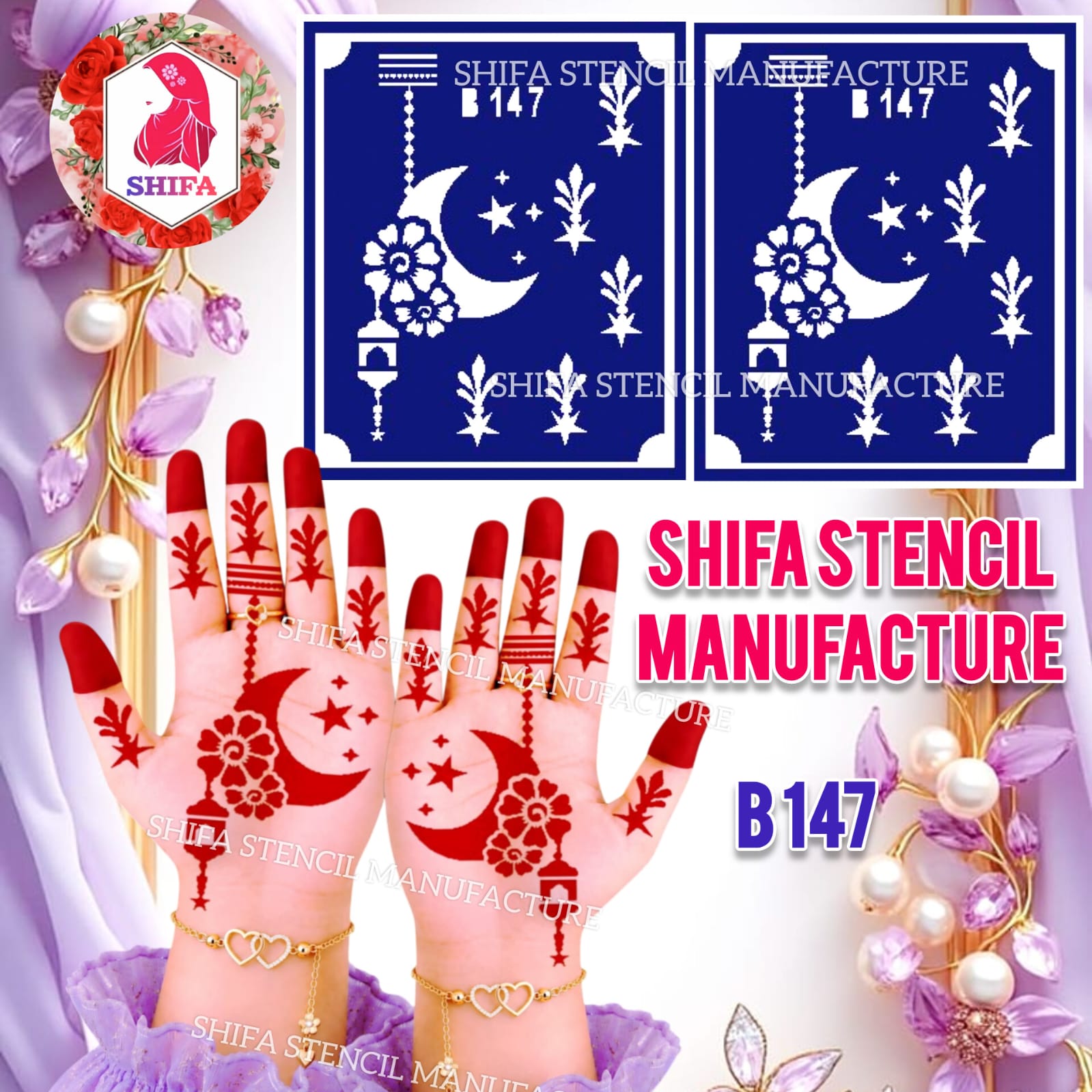 B147 Floral Crescent Moon & Star Mehndi Stencil | Reusable Henna Design - 147 - Shifa Stencil Manufacturer
