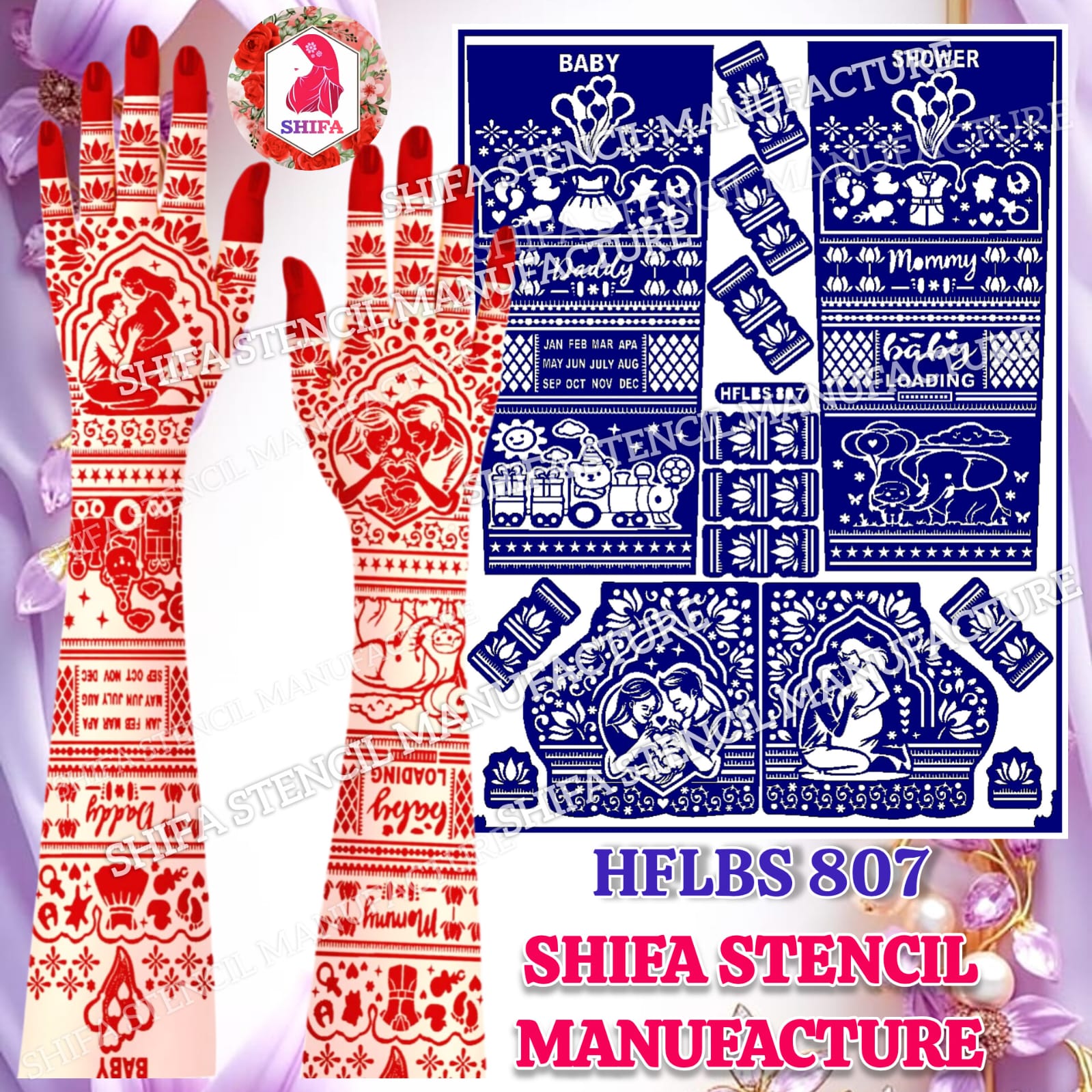 HFLBS 807 Baby Shower Mehndi Stencil | Reusable Full Hand Henna Stencil | Pregnancy & Mommy Baby Design - 807 - Shifa Stencil Manufacturer