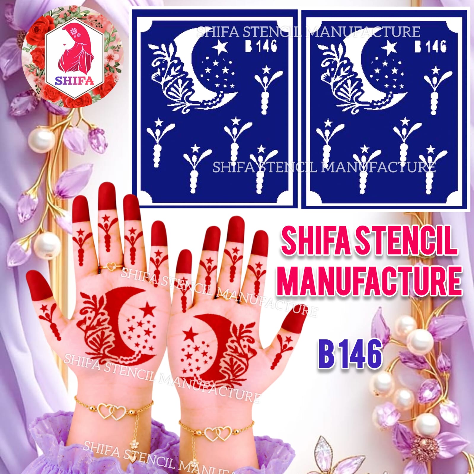 B146 Floral Crescent Moon Mehndi Stencil | Reusable Henna Hand Design - 146 - Shifa Stencil Manufacturer