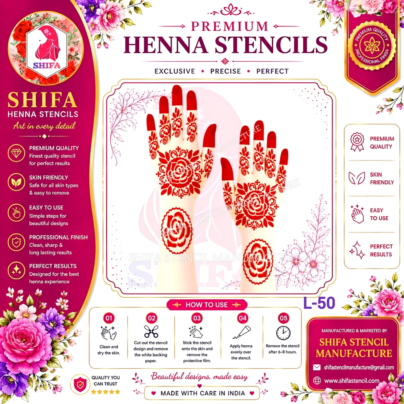 L50 – Blooming Rose Delight 50 Henna Stencil