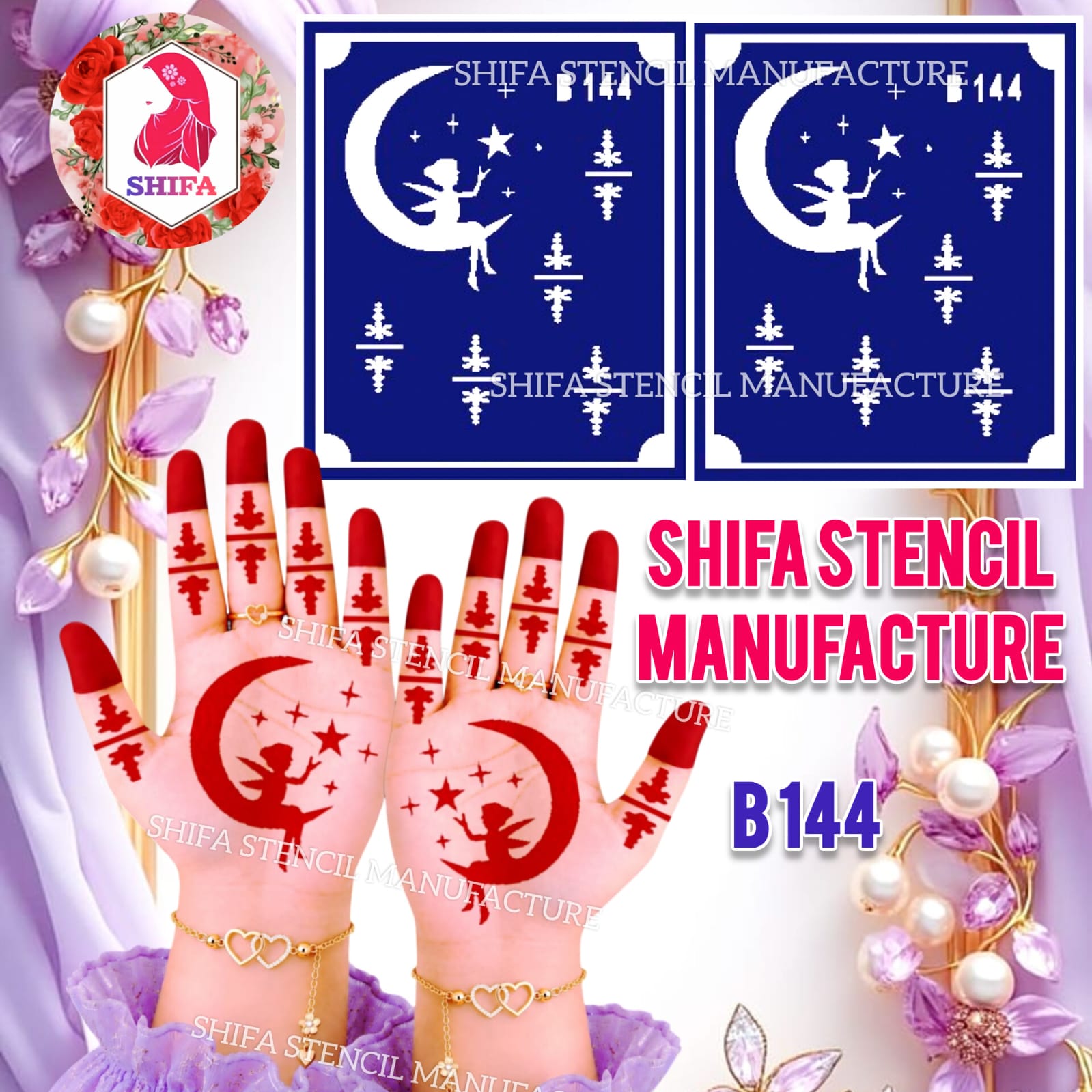 B144 Fairy Crescent Moon Mehndi Stencil | Reusable Henna Hand Design - 144 - Shifa Stencil Manufacturer