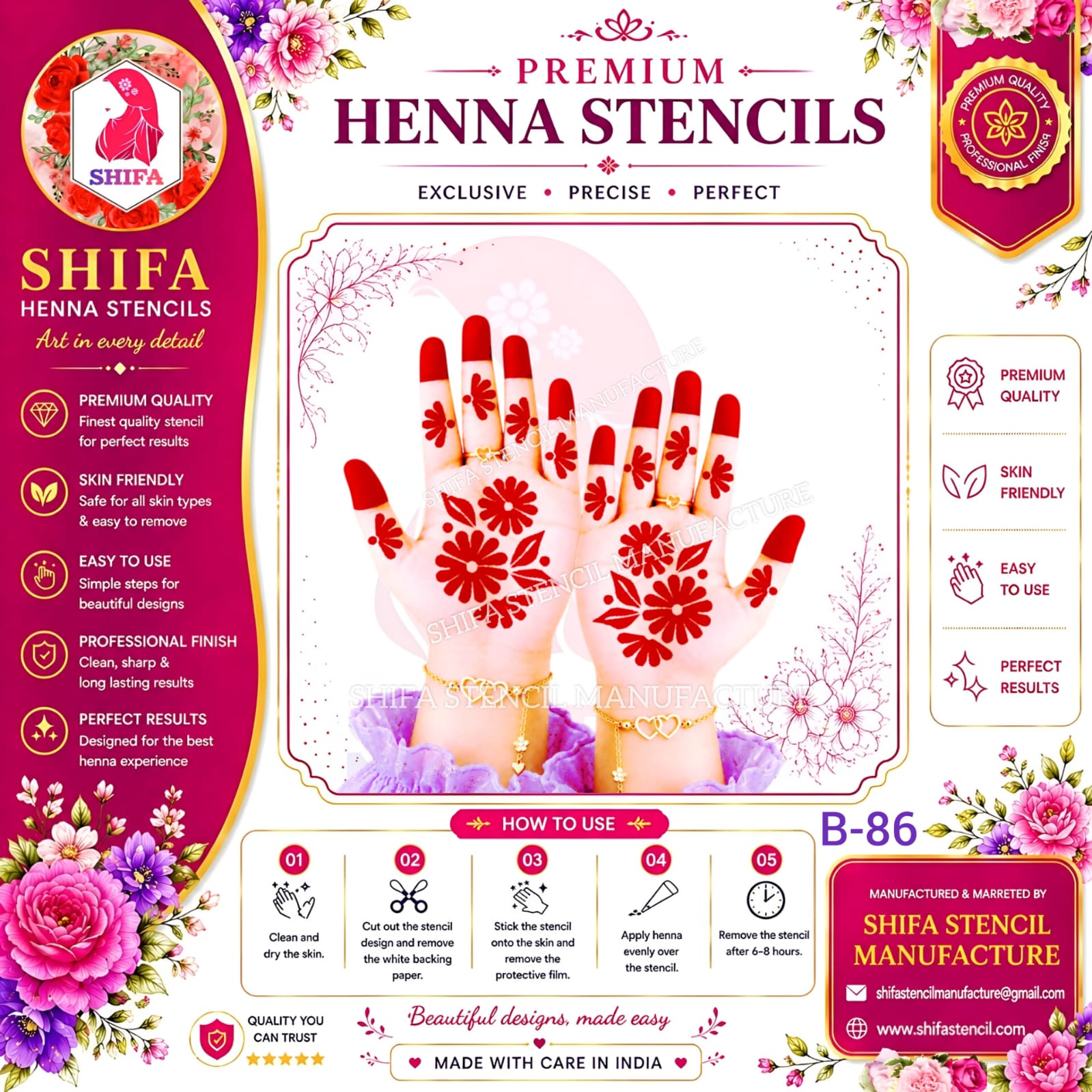 B86 Simple Flower Hand Mehndi Stencil | Reusable Henna Design Simple Flower Hand Stencil – B86 (2) Henna Stencil