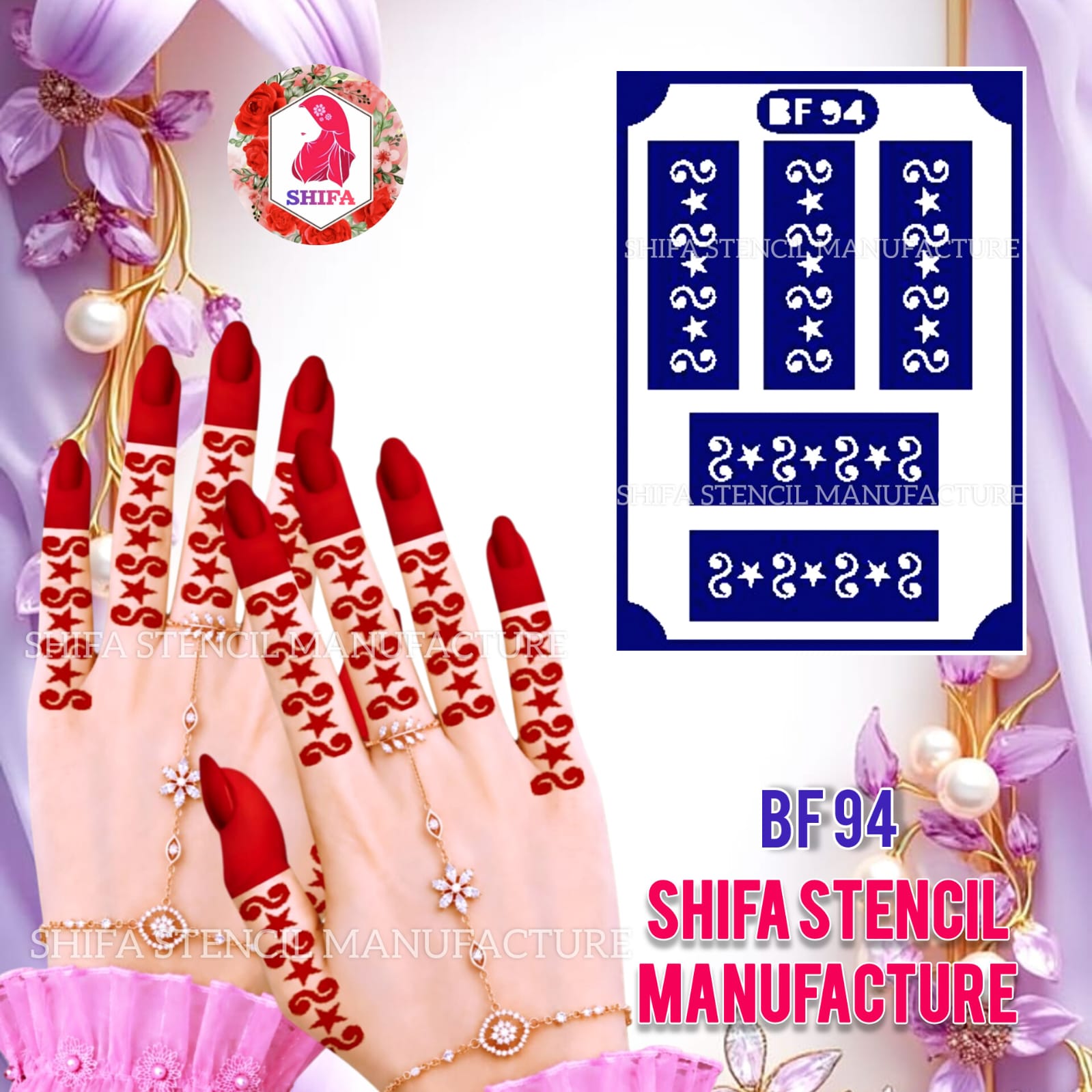 BF 94 Star  Curvy Finger Mehndi Henna Stencil Reusable Stylish Pattern Design.
 Star Curve Finger Stencil - BF 94 Henna Stencil - Shifa Stencil