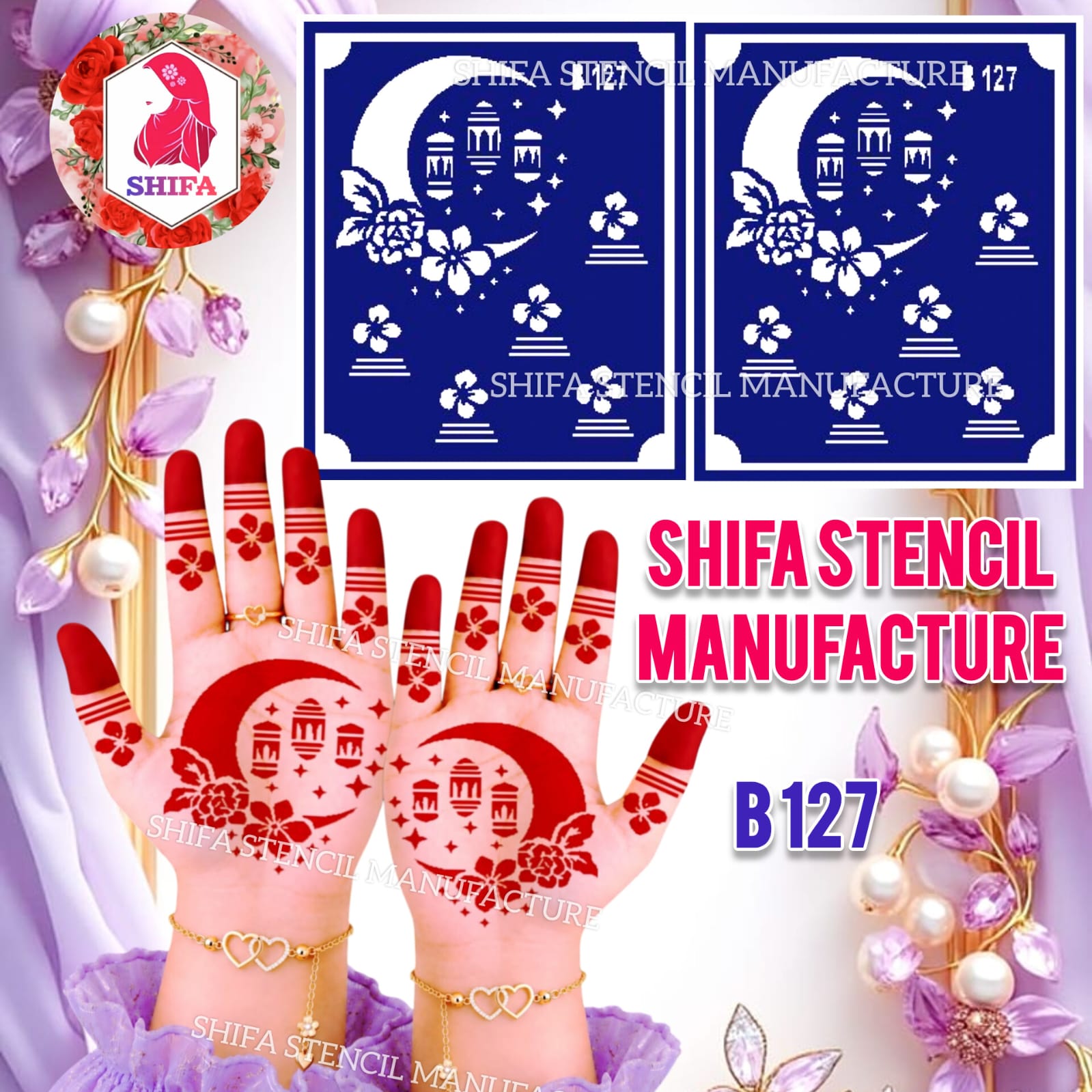 B127 Floral Crescent Moon Mehndi Stencil | Reusable Henna Hand Design - 127
 - Shifa Stencil Manufacturer