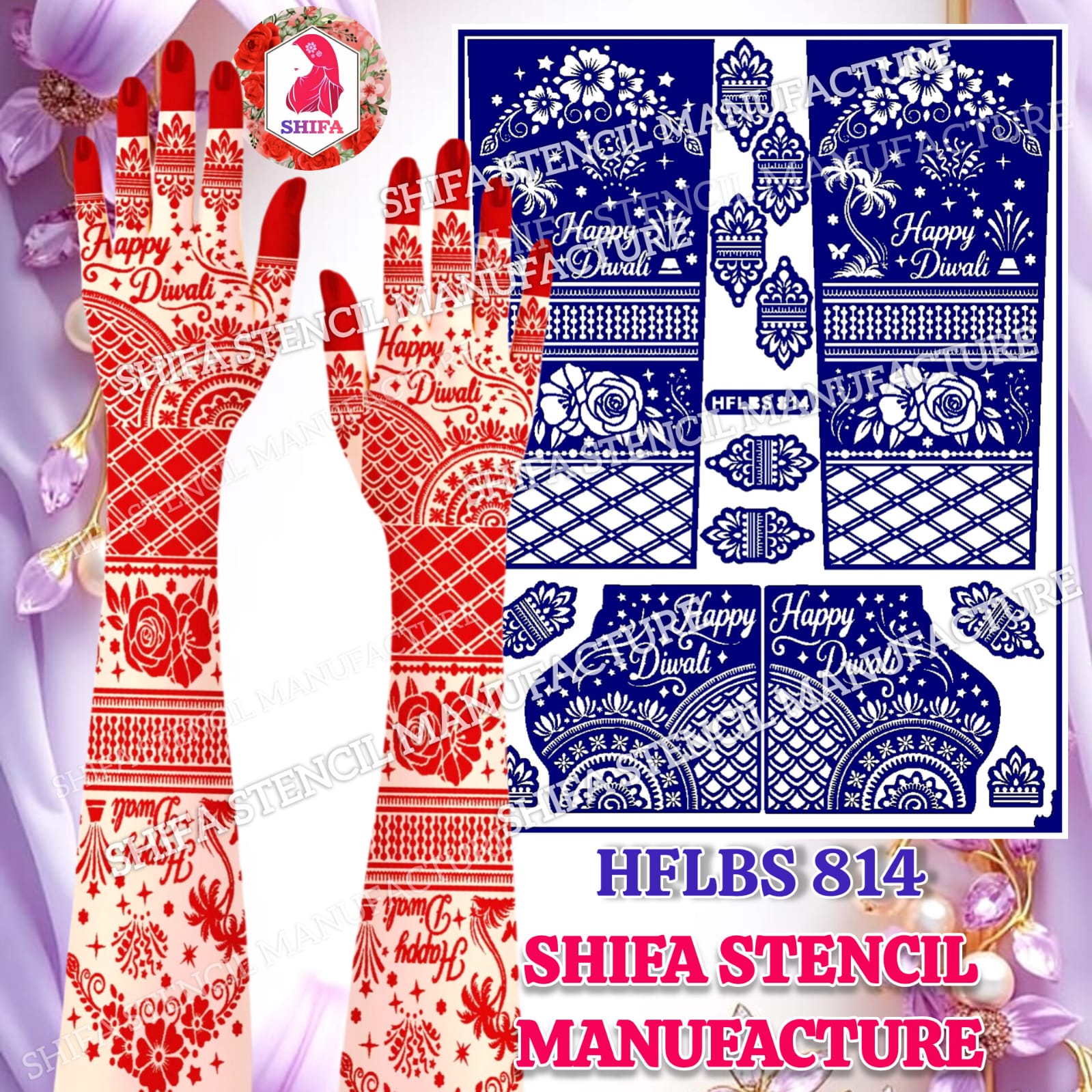 Happy Diwali Special Floral Rose & Jaali Full Hand Mehndi Stencil (HFLBS 814) - 814 - Shifa Stencil Manufacturer