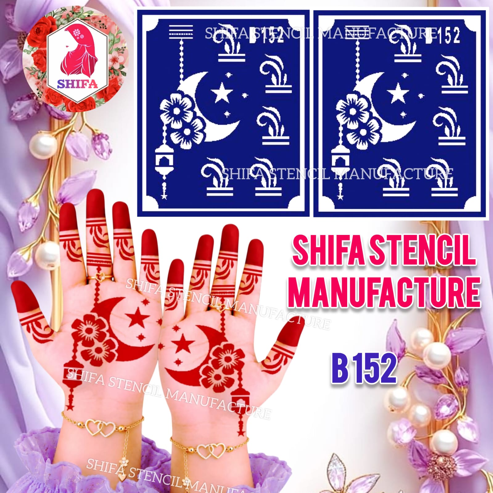 B152 Floral Crescent Moon Mehndi Stencil | Reusable Henna Hand Design - 152 - Shifa Stencil Manufacturer