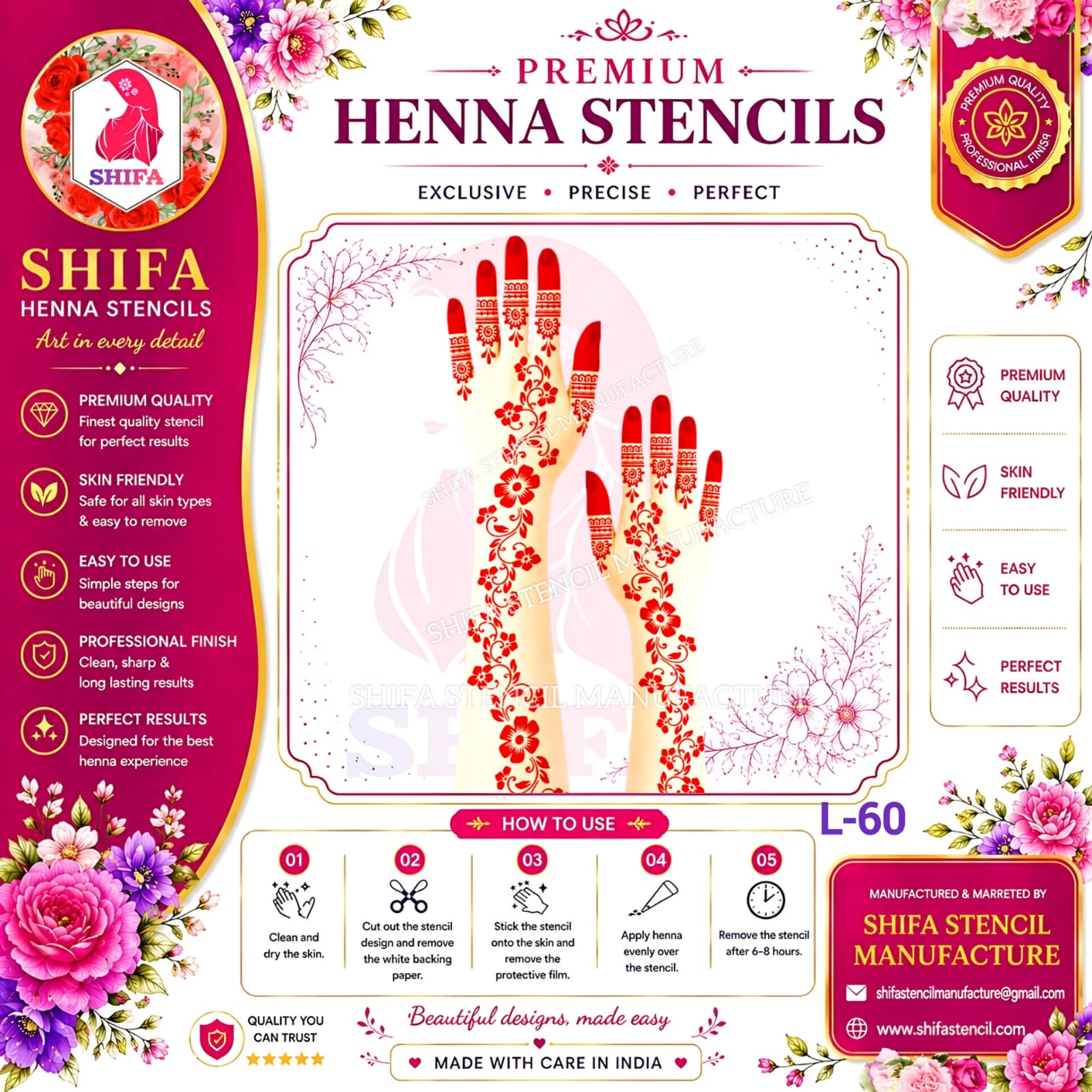 L60 Perfect Floral Curls Arabic Design  60 Henna Stencil