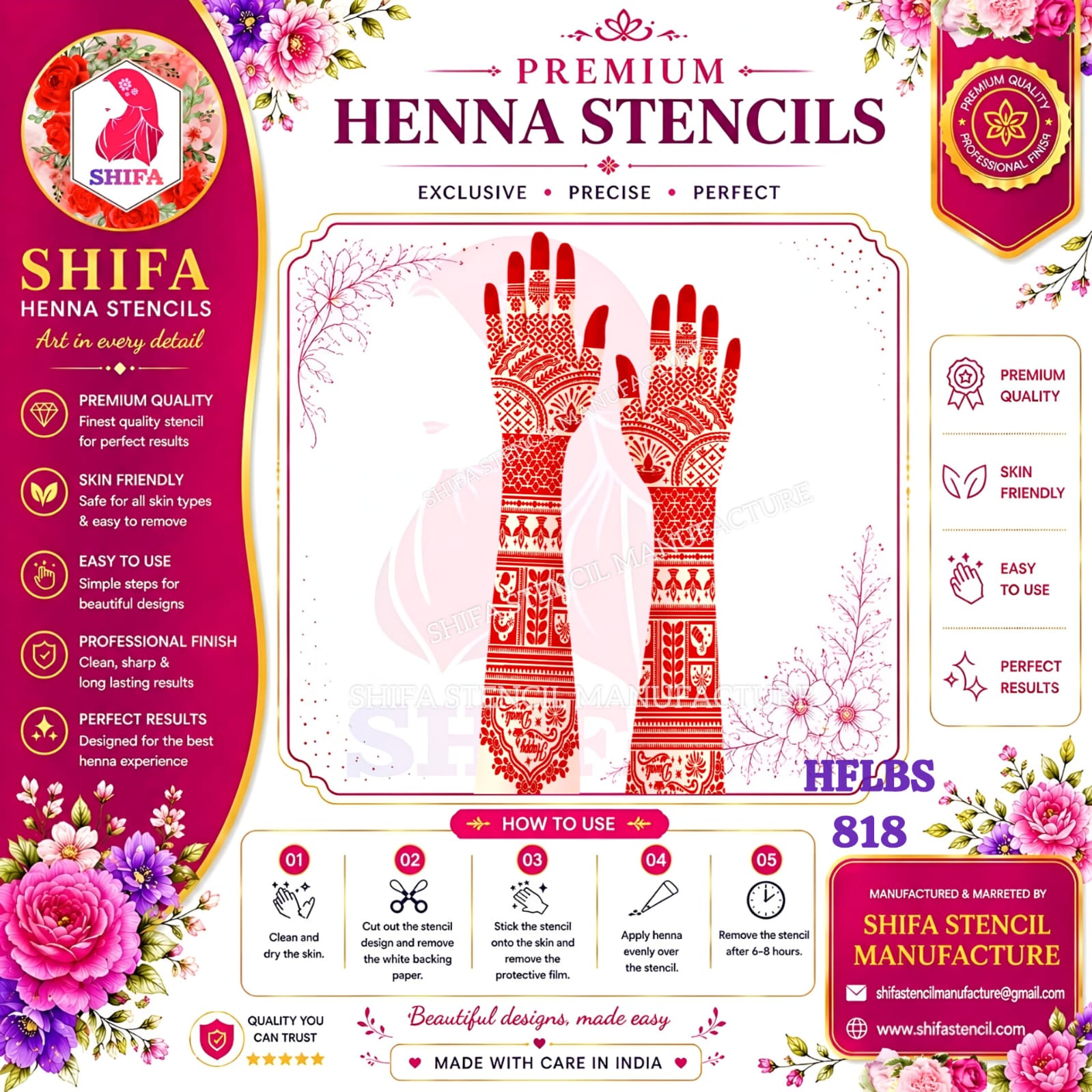 Happy Diwali Special Arch Diya & Lattice Full Hand Mehndi Stencil (HFLBS 818) 818 (2) Henna Stencil