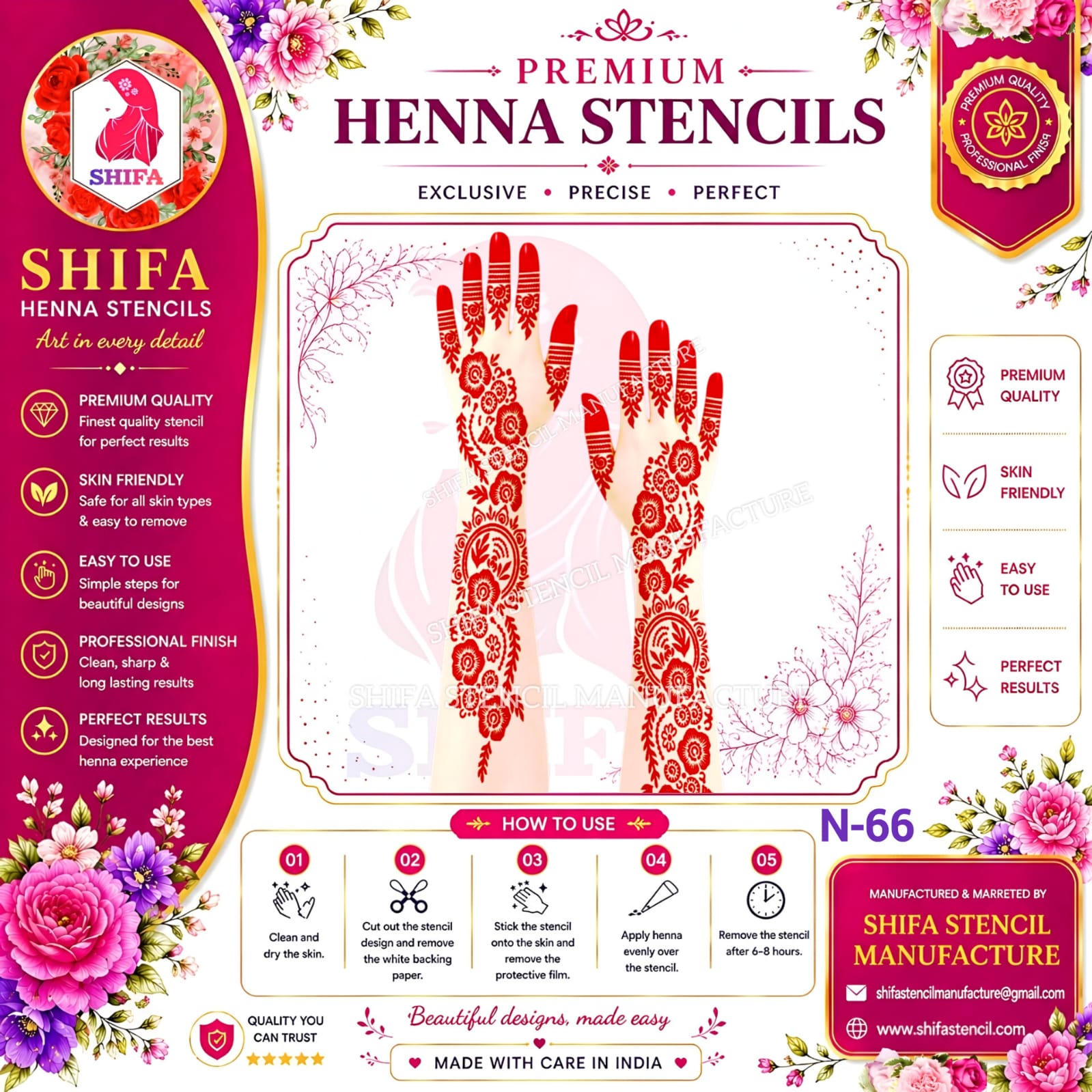 N66 – Royal Floral Trail 66 Henna Stencil