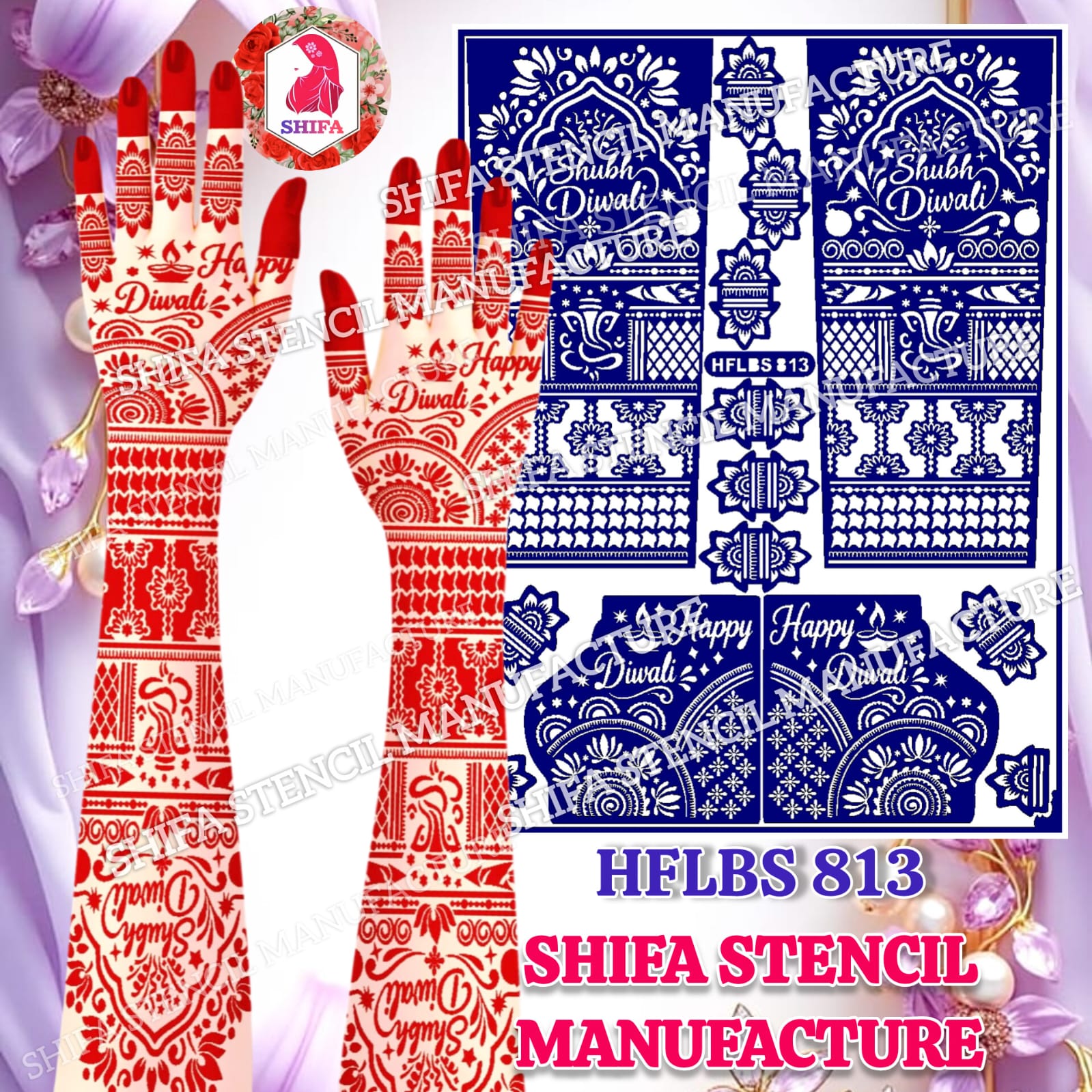 Shubh Diwali Special Lord Ganesha & Kalash Full Hand Mehndi Stencil (HFLBS 813) - 813 - Shifa Stencil Manufacturer